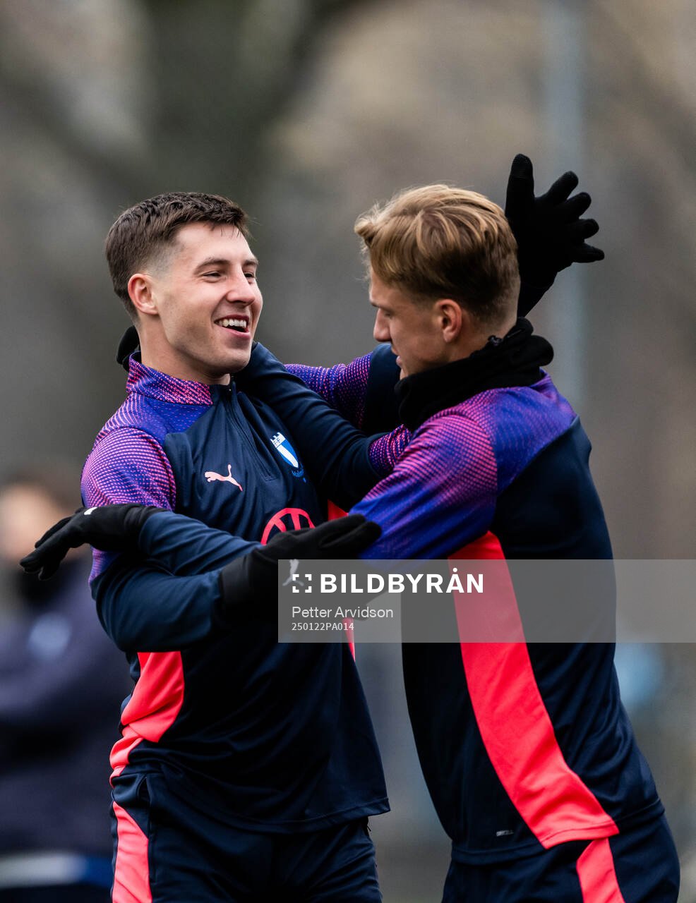 Lasse Berg Johnsen and Erik Botheim of Malmö FF during a UEFA Europa League training session on January 22, 2025 in Malmö. 