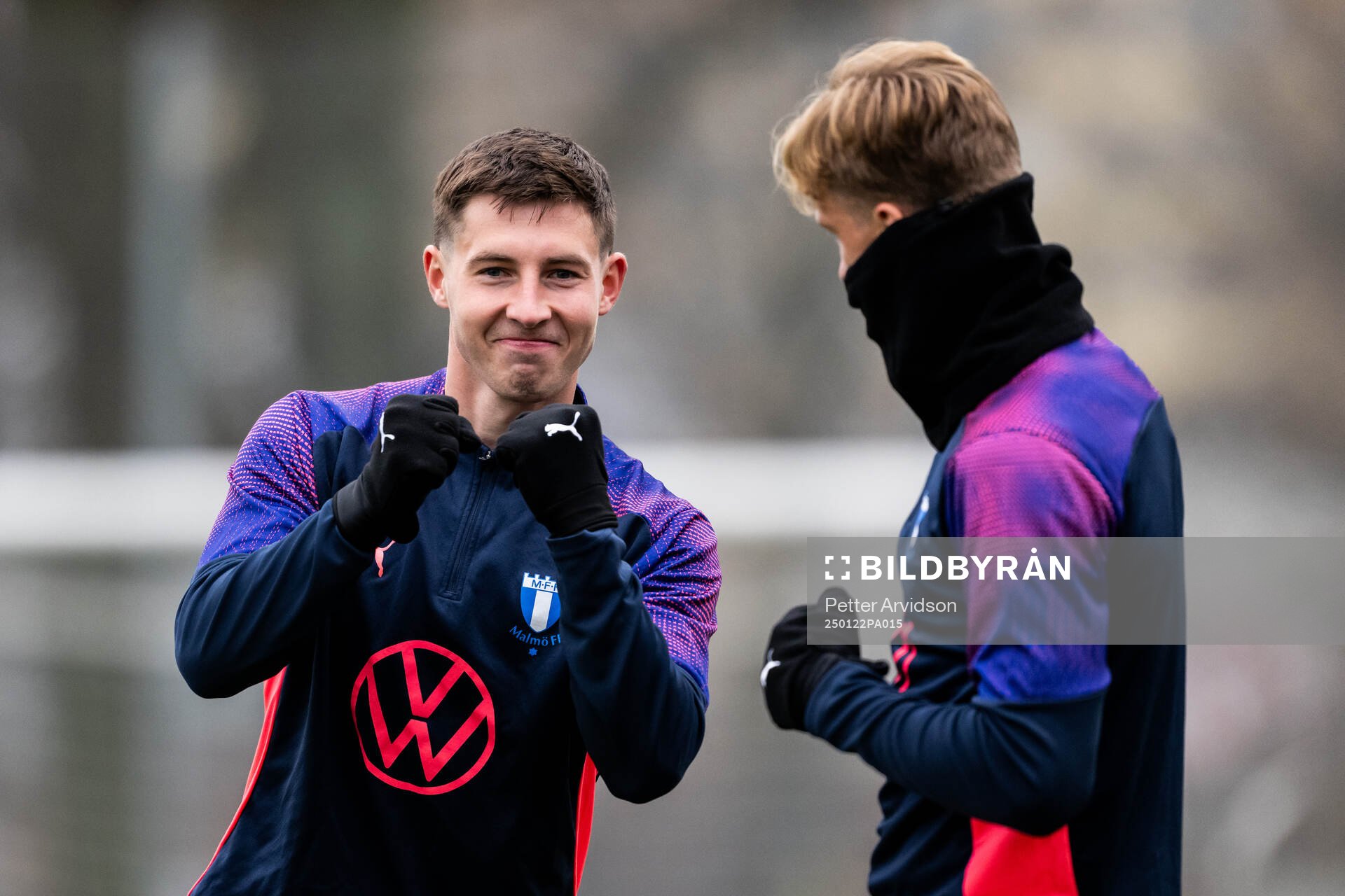 Lasse Berg Johnsen and Erik Botheim of Malmö FF during a UEFA Europa League training session on January 22, 2025 in Malmö. 