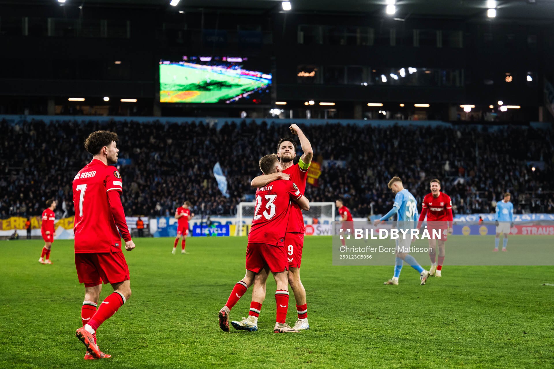 Mitchell Van Bergen, Michal Sadilek and Ricky van Wolfswinkel of Twente celebrate after the UEFA Europa League football match between Malmö FF and Twente on January 23, 2025 in Malmö.