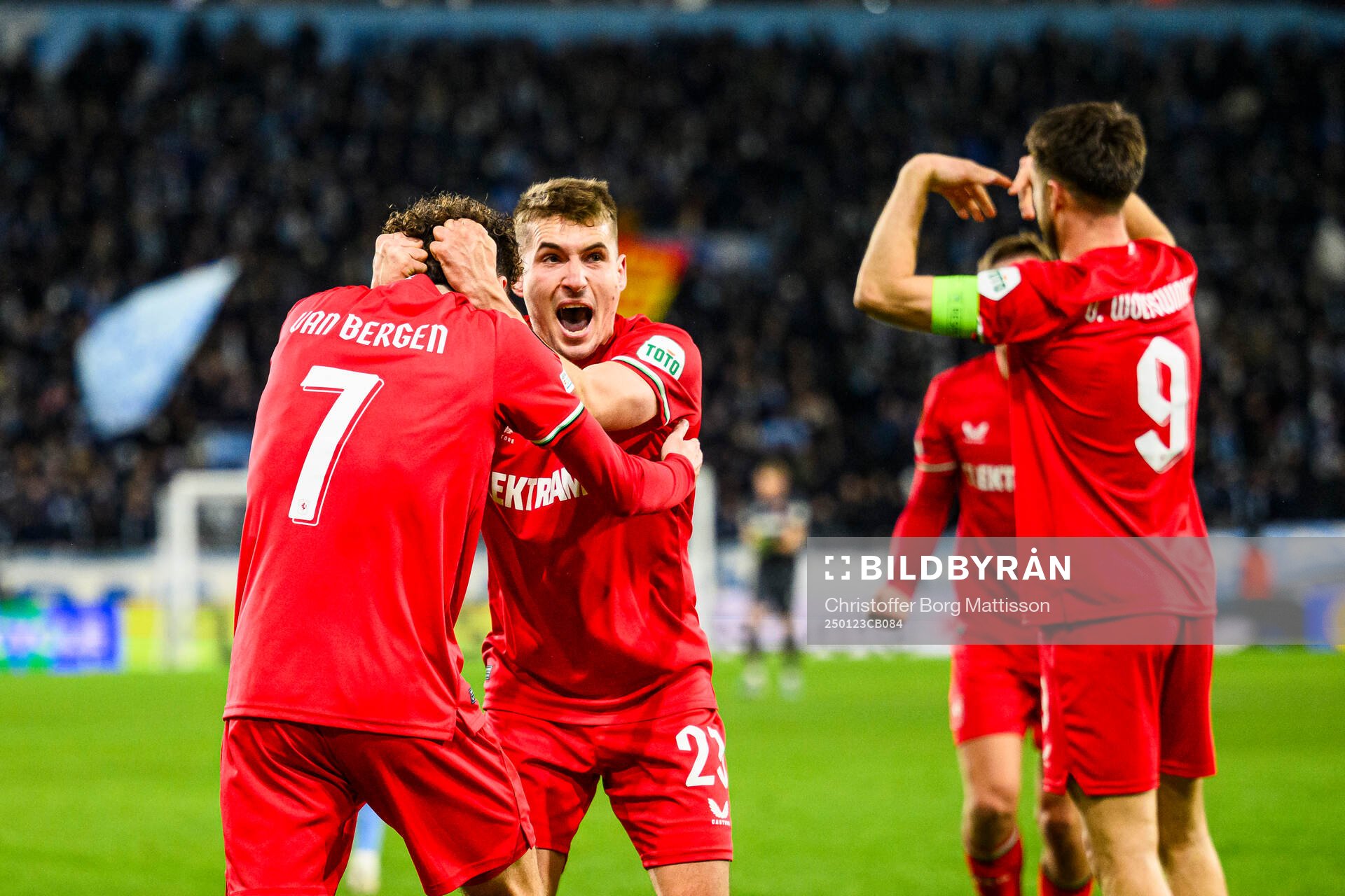 Mitchell Van Bergen and Michal Sadilek of Twente celebrate after the UEFA Europa League football match between Malmö FF and Twente on January 23, 2025 in Malmö.