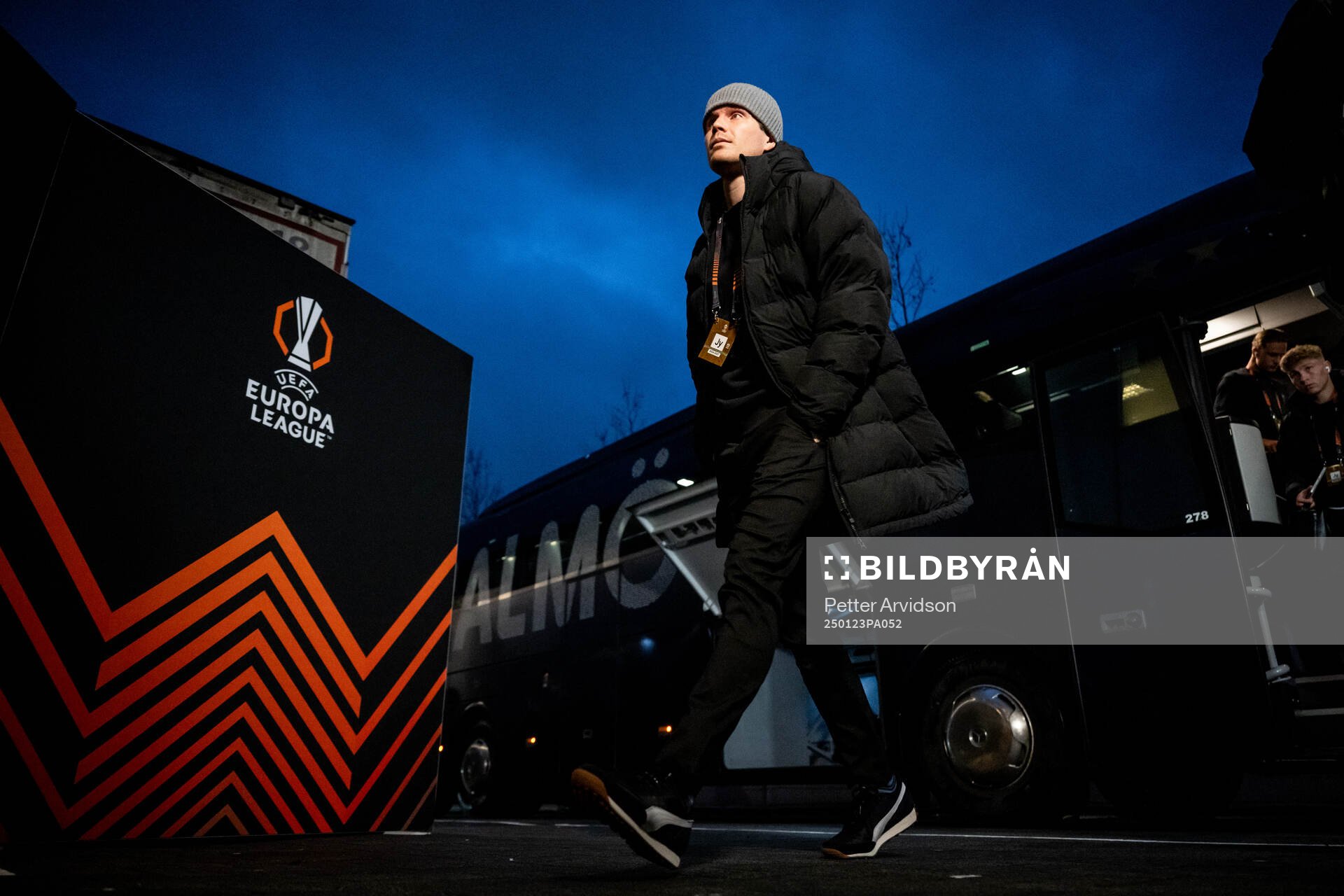 Oliver Berg of Malmö FF arrives to the stadium ahead of the UEFA Europa League football match between Malmö FF and Twente on January 23, 2025 in Malmö. 