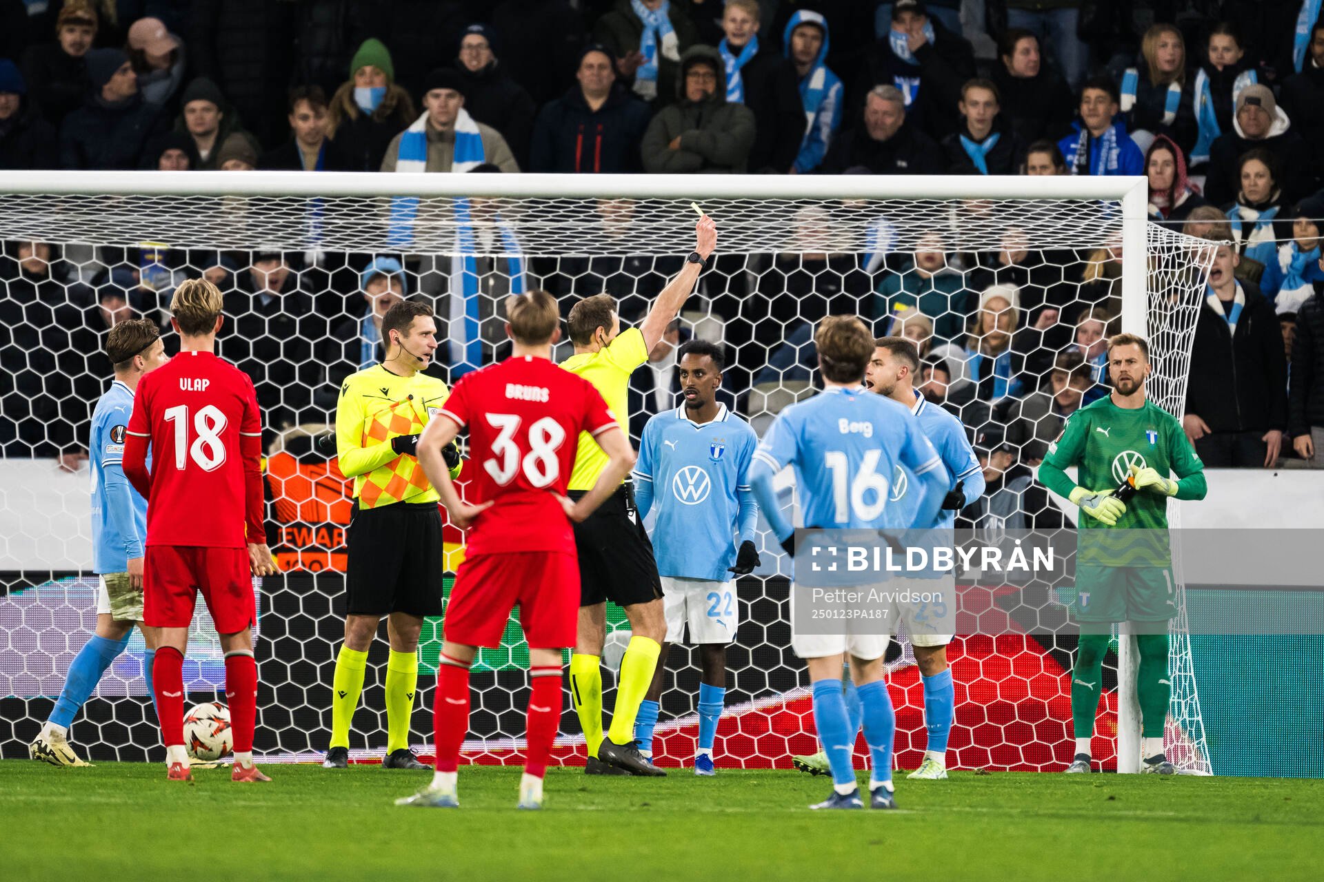 Gabriel Busanello of Malmö FF recieves a yellow card