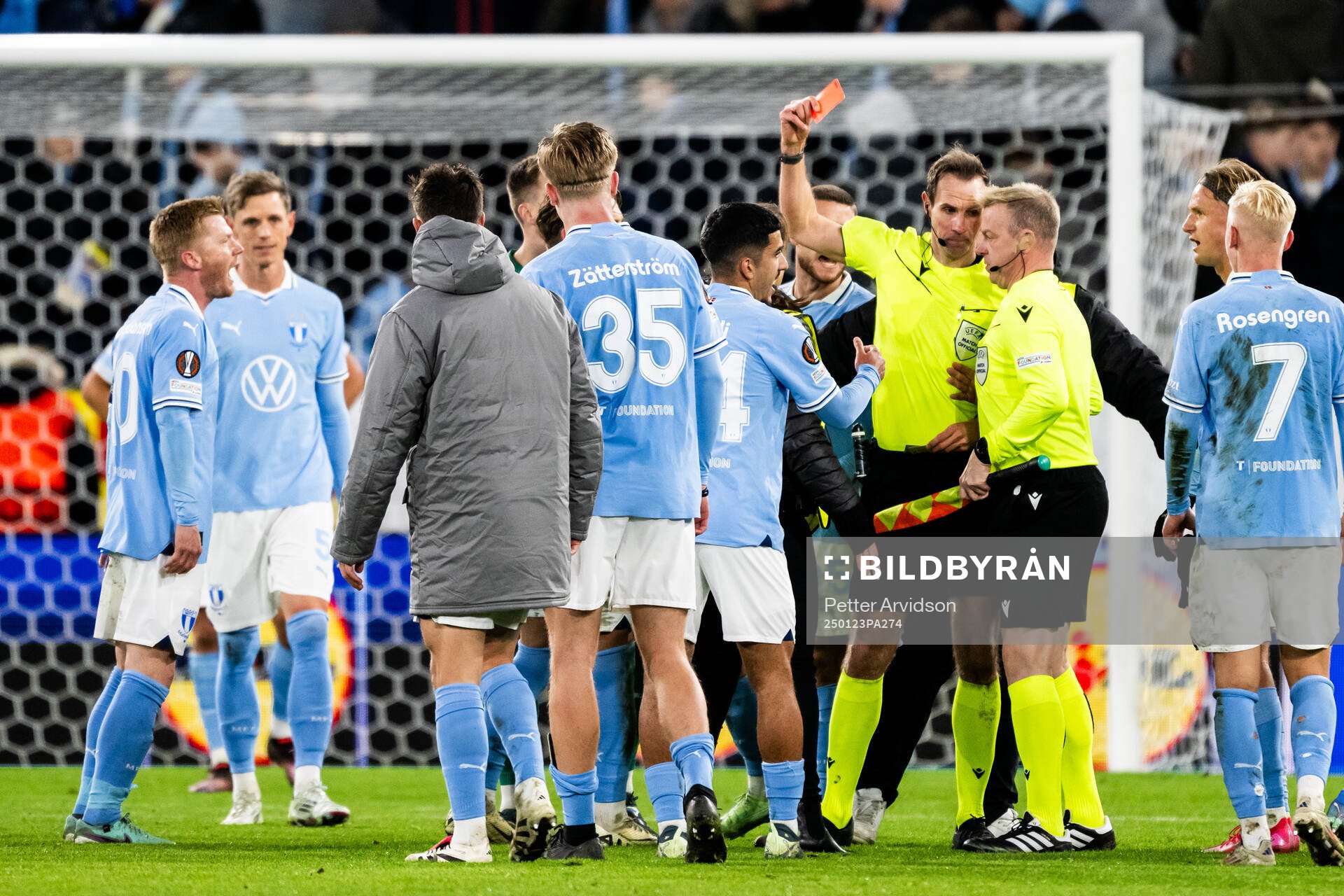 Anders Christiansen of Malmö FF receives a red card from