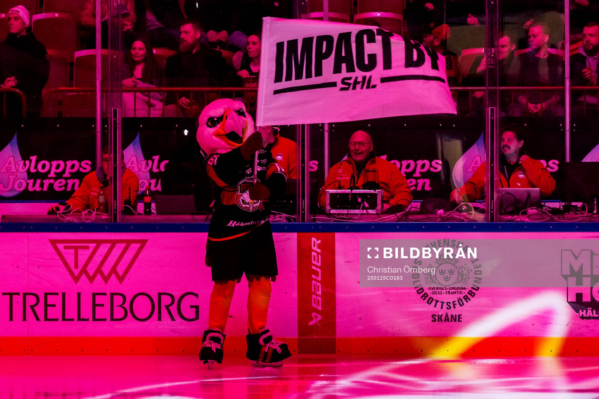 Malmö Redhawks maskot Hawkan med en Impact by SHL-flagga