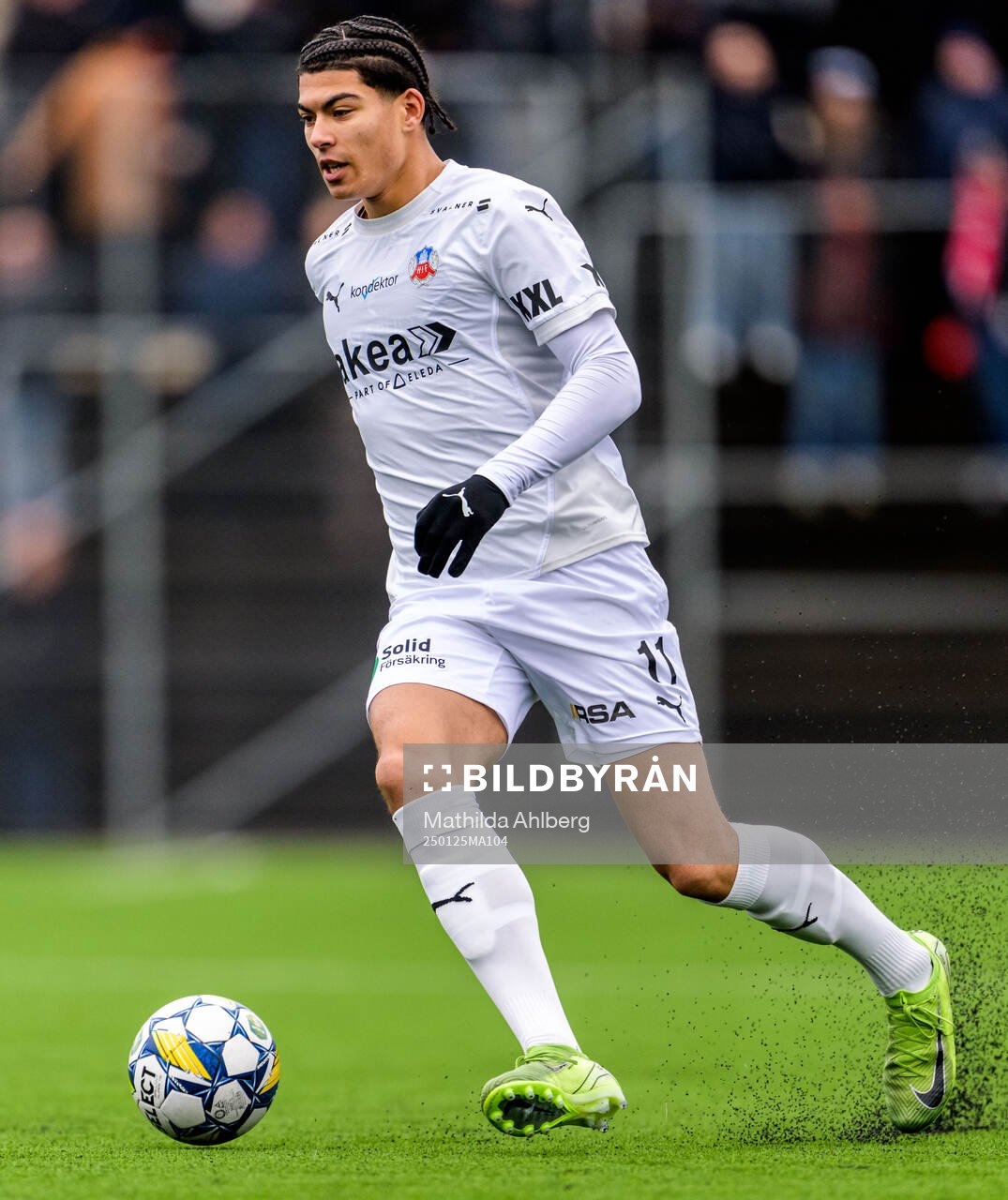 Helsingborgs Milan Silva Rasmussen under träningsmatchen i fotboll mellan Helsingborg och Hellerup den 25 januari 2025 i Helsingborg.