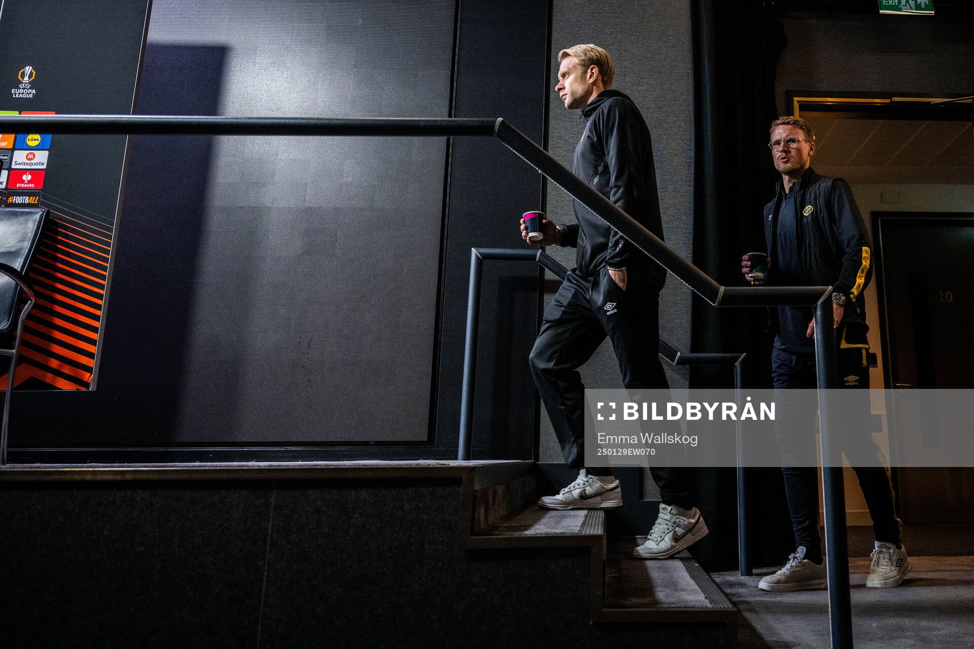 Johan Larsson and Head coach Oscar Hiljemark of Elfsborg ahead of a UEFA Europa League press conference on January 29, 2025 in London.
