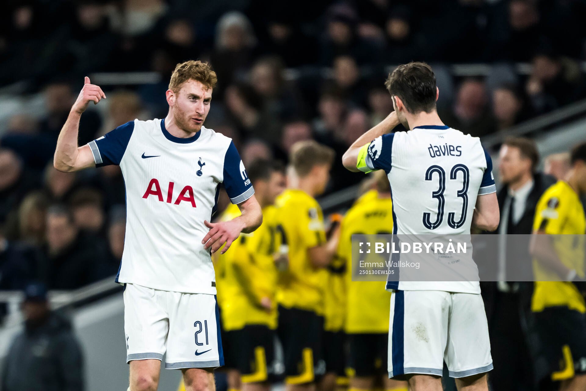 Dejan Kulusevski and Ben Davies of Tottenham Hotspur