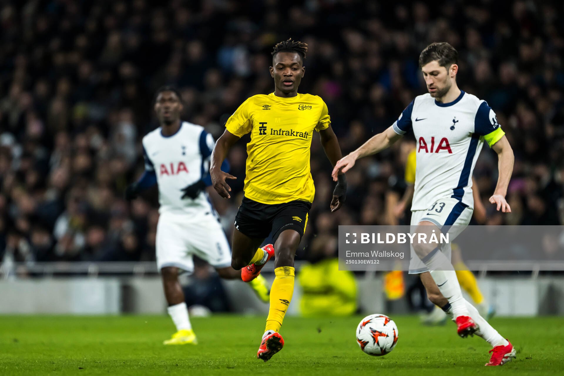Jalal Abdullai of Elfsborg and Ben Davies of Tottenham Hotspur during the UEFA Europa League football match between Tottenham Hotspur and Elfsborg on January 30, 2025 in London.