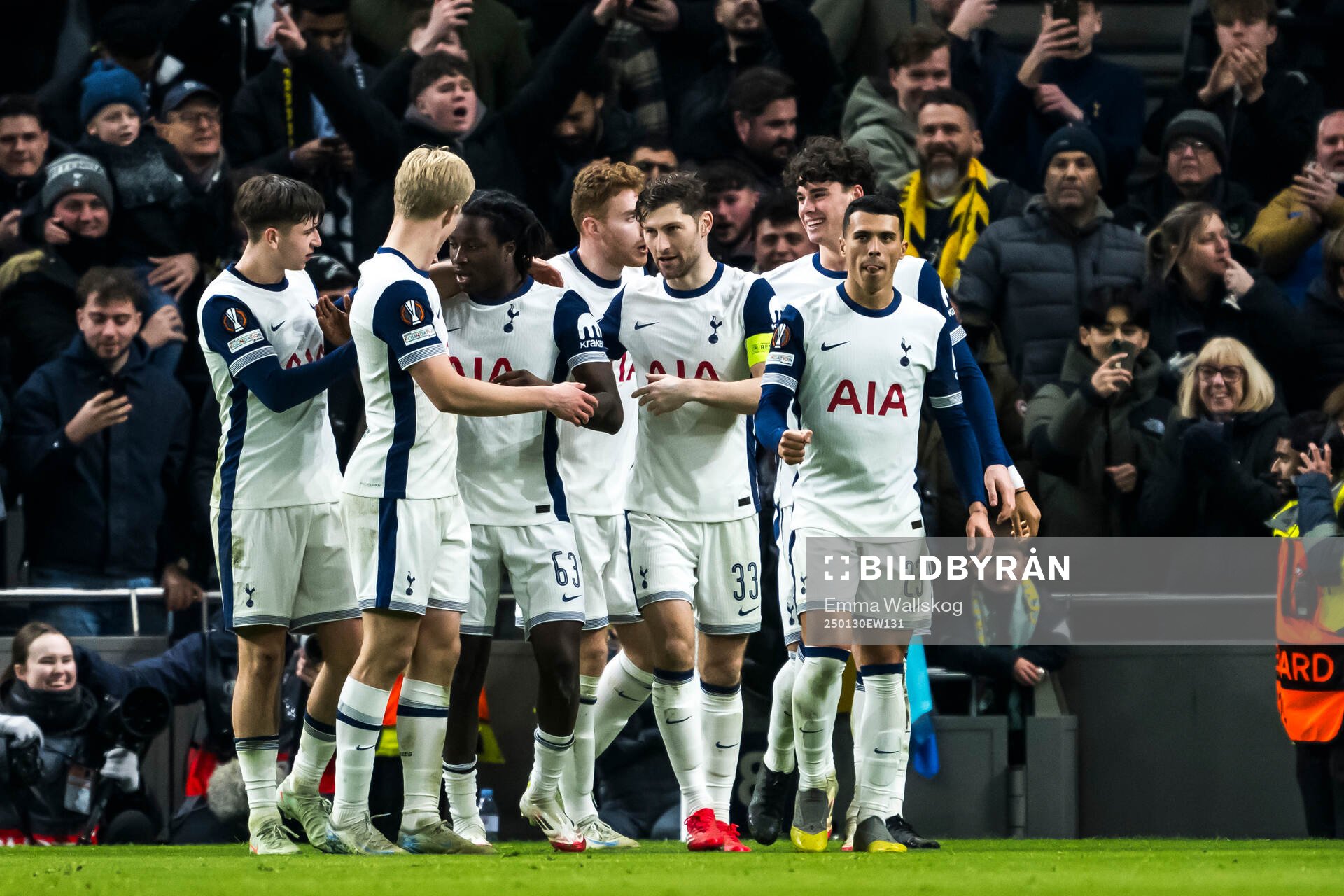 Ayindamola Ajayi of Tottenham Hotspur celebrate the 2-0 goal with teammates during the UEFA Europa League football match between Tottenham Hotspur and Elfsborg on January 30, 2025 in London. 