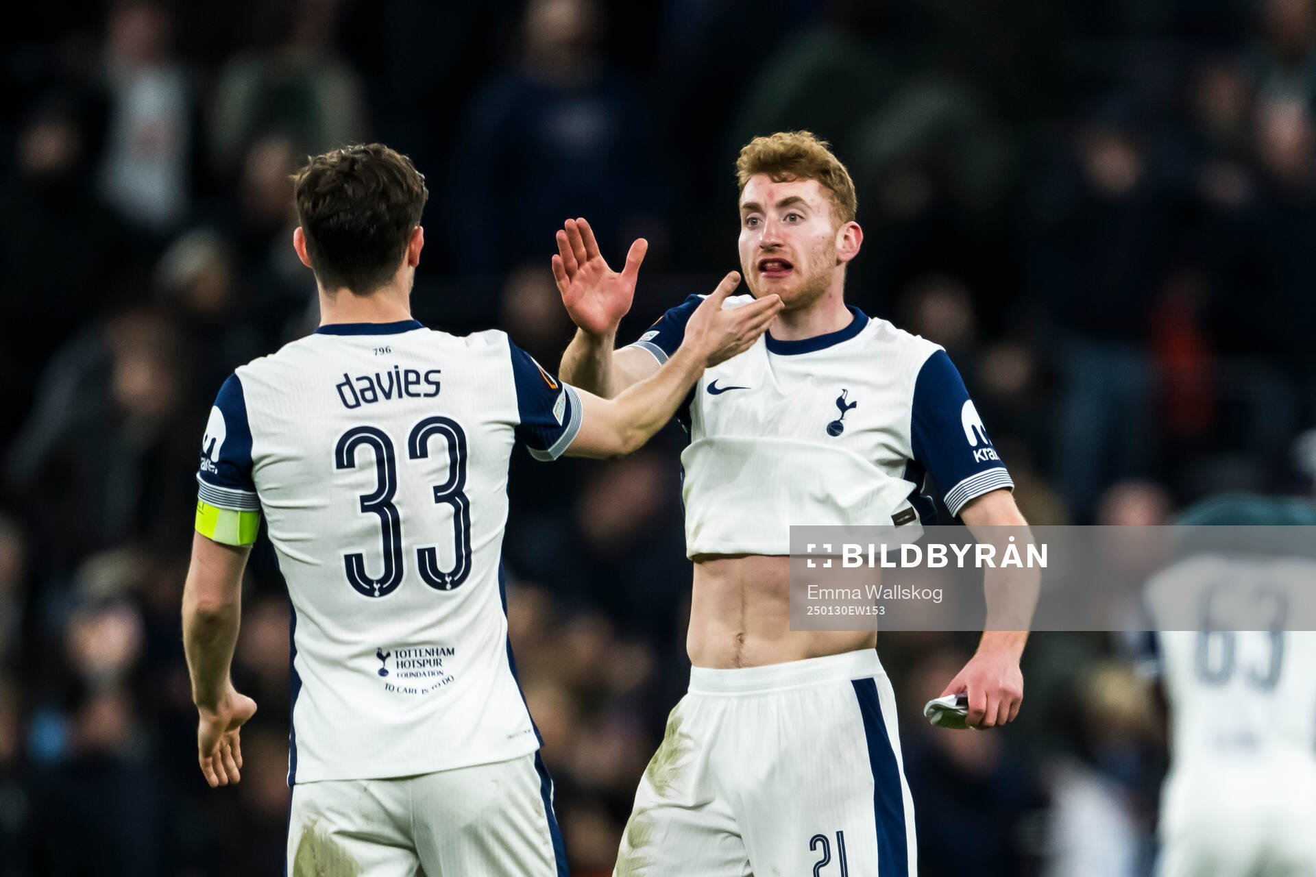 Ben Davies and Dejan Kulusevski of Tottenham Hotspur