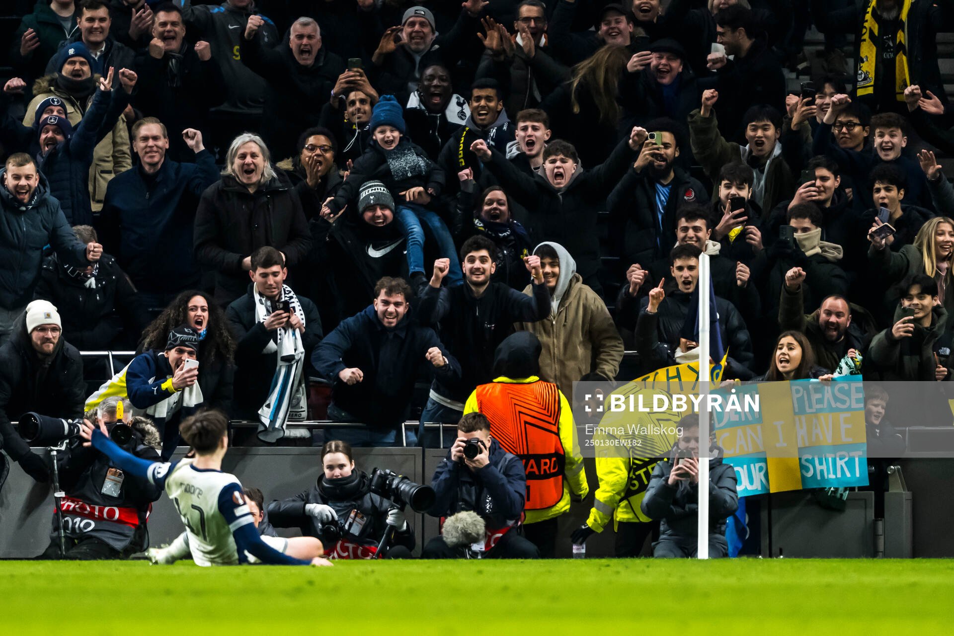 Mikey Moore of Tottenham Hotspur celebrating the 3-0 goal during the UEFA Europa League football match between Tottenham Hotspur and Elfsborg on January 30, 2025 in London.