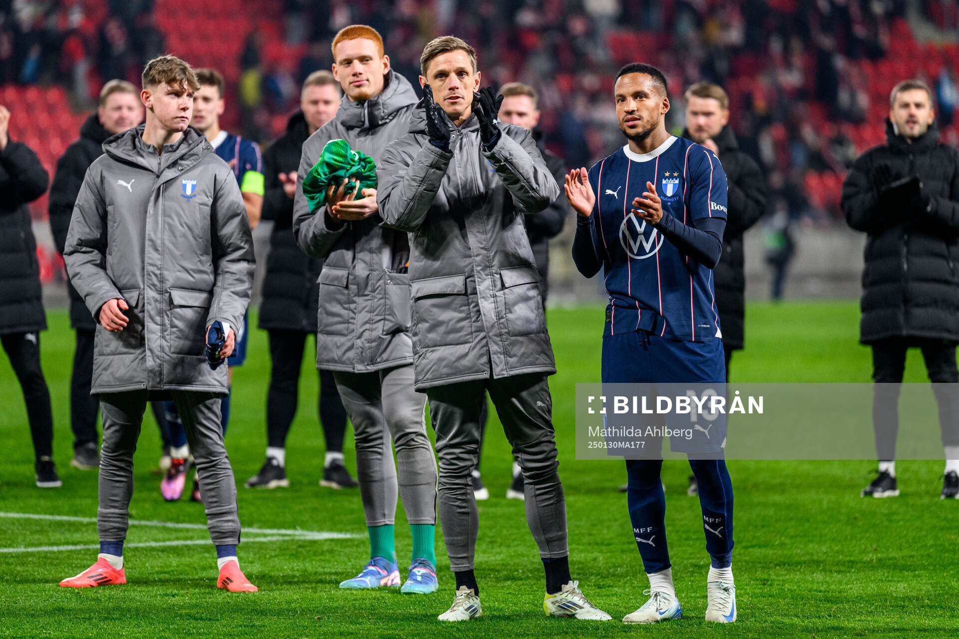 Søren Rieks and Martin Olsson of Malmö FF after the UEFA Europa League football match between Slavia Prag and Malmö FF on January 30, 2025 in Prague.