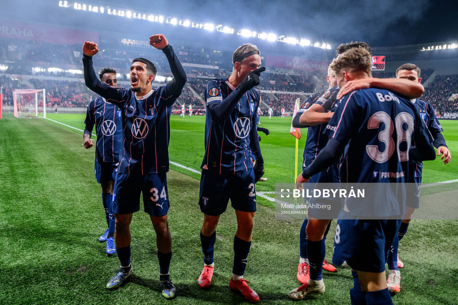 Zakaria Loukili of Malmö FF celebrates 1-2 by Hugo Bolin during the UEFA Europa League football match between Slavia Prag and Malmö FF on January 30, 2025 in Prague.