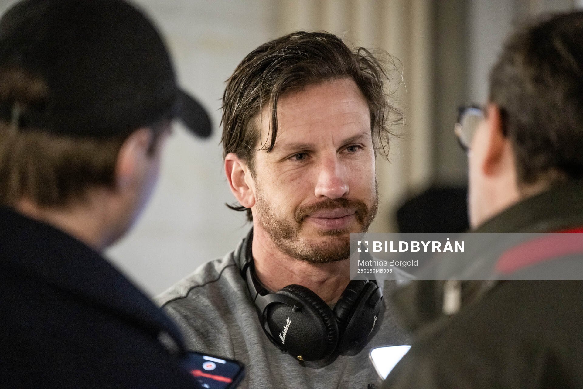 Gustav Svensson of IFK Göteborg is interviewed in the mixed zone after the Atlantic Cup football match between IFK Göteborg and Rosenborg on January 30, 2025 in Faro.