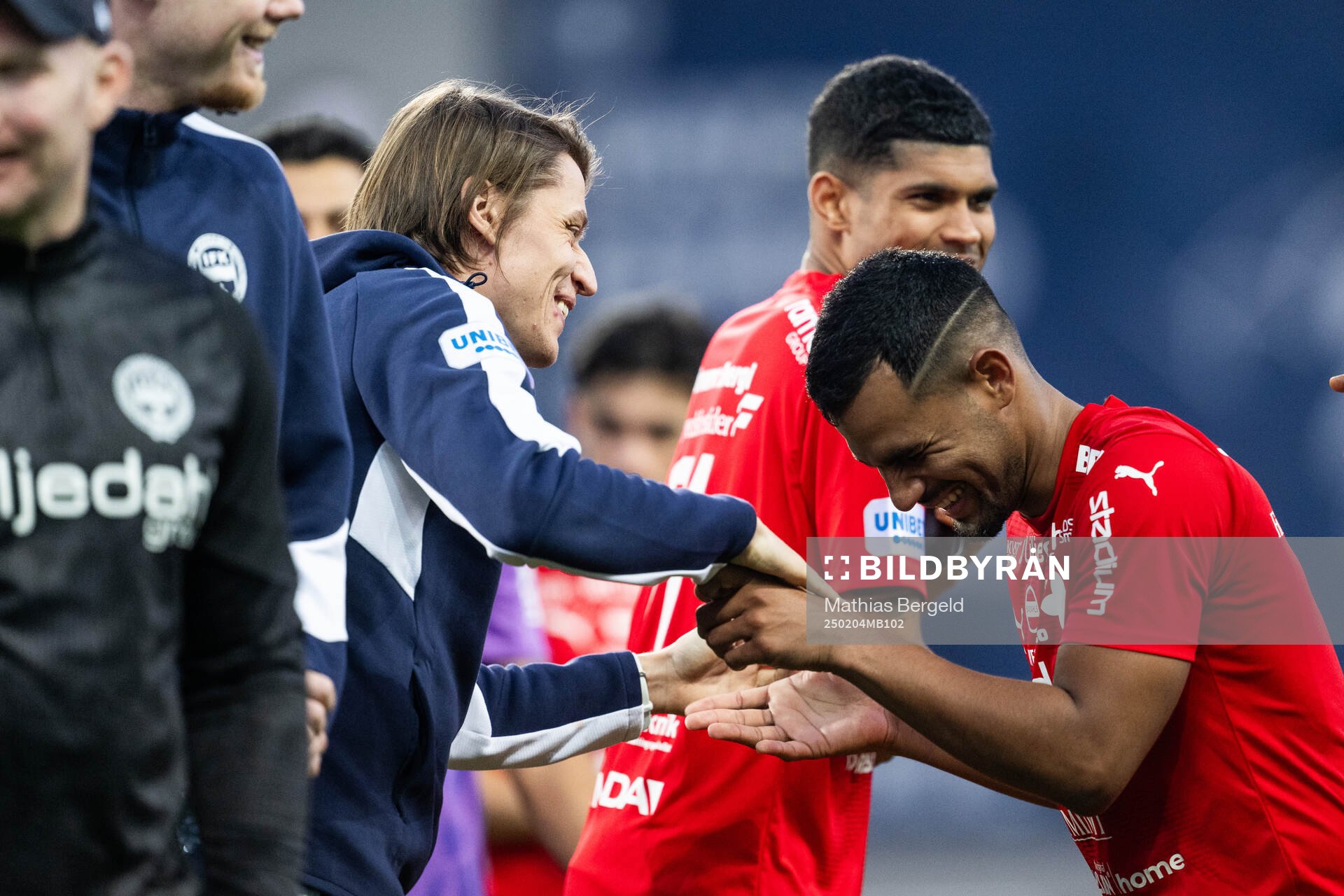 Simon Thern and Wenderson Oliveira of Värnamo after the Atlantic Cup football match between Brøndby and Värnamo on February 4, 2025 in Faro.