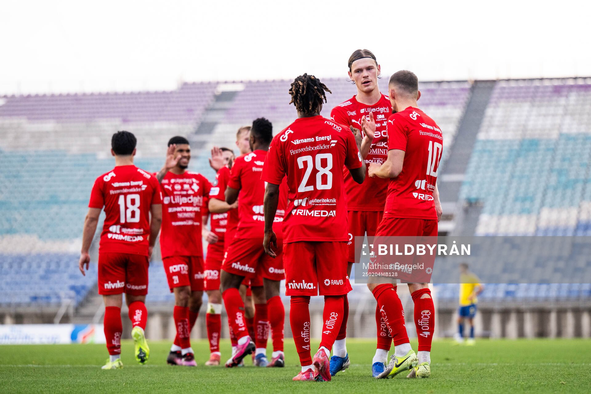Frank Junior Adjei, Hugo Andersson and Ajdin Zeljkovic of Värnamo celebrate after 2-2 during the Atlantic Cup football match between Brøndby and Värnamo on February 4, 2025 in Faro.