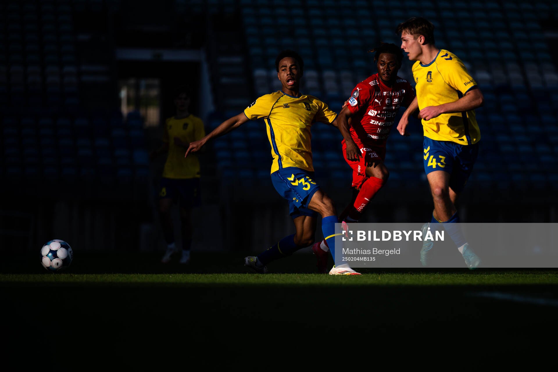 Noah Nartey and Lukas Larsen of Brøndby compete for the ball with Frank Junior Adjei of Värnamo during the Atlantic Cup football match between Brøndby and Värnamo on February 4, 2025 in Faro.