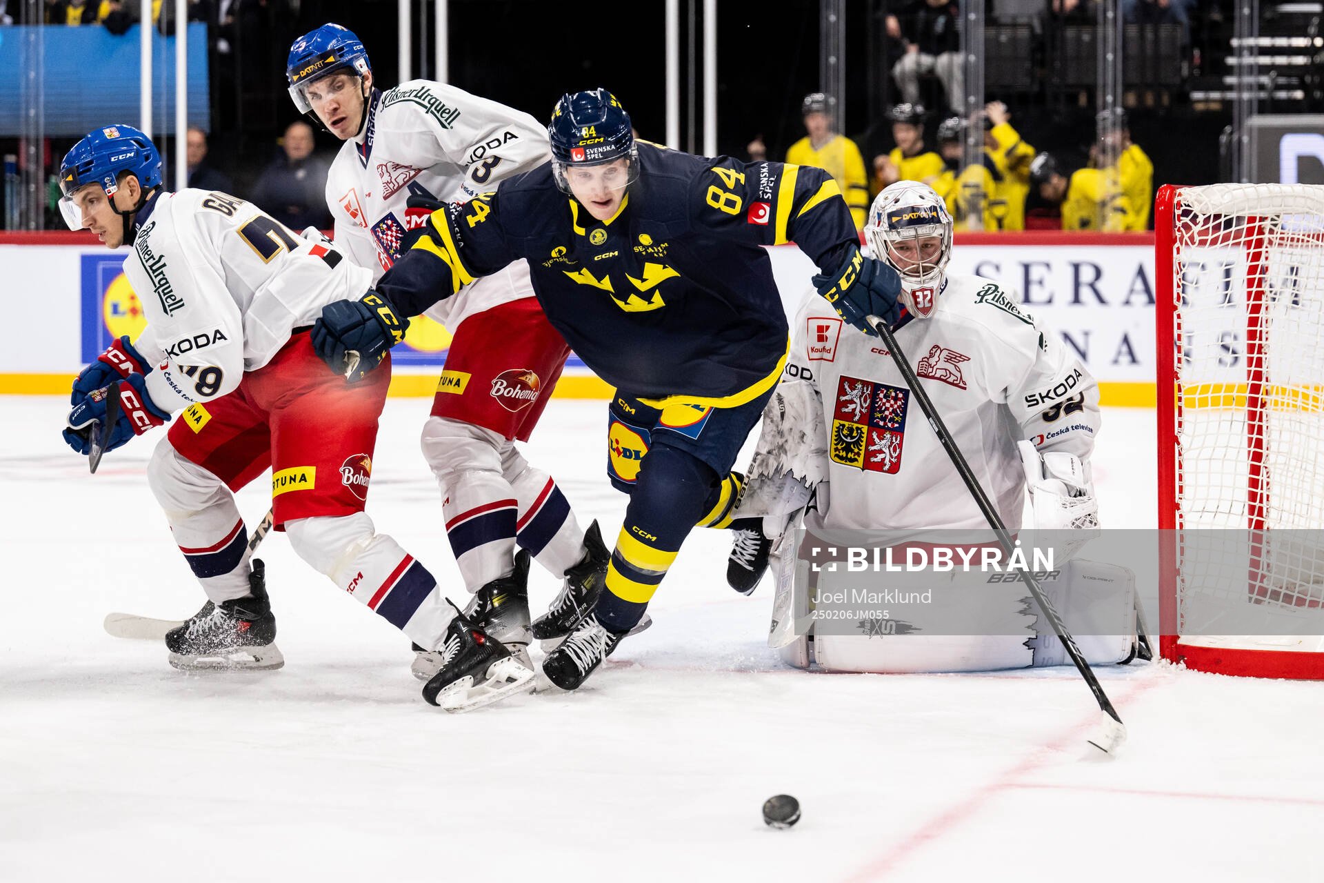 Sebastian Hartmann of Sweden and goaltender Josef Korenar