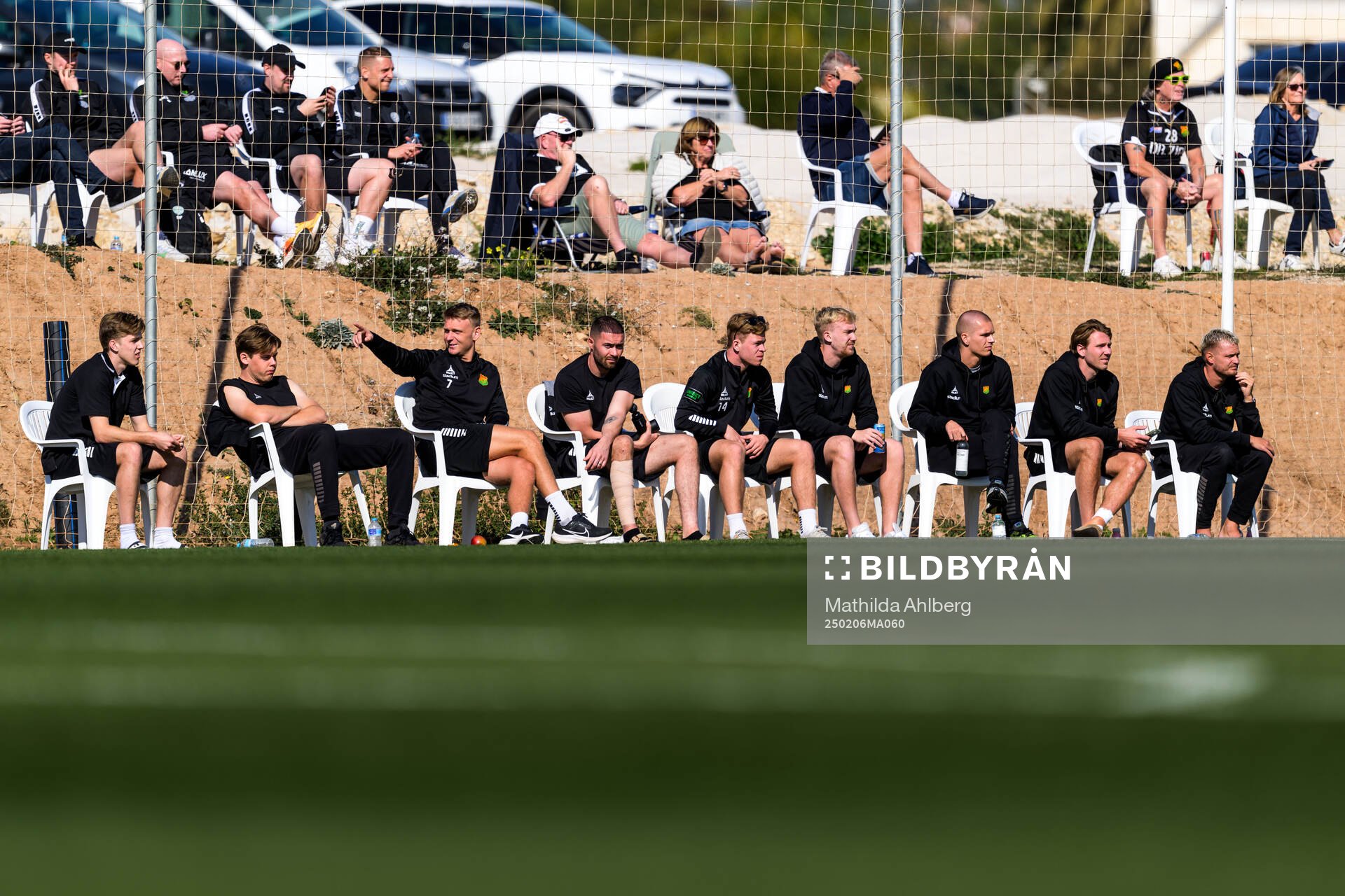 Daniel Bengtsson, Axel Henriksson, Joackim Åberg, Goalkeeper Mergim Krasniqi, Filip Gustafsson, Robin Wendin Thomasson, Lucas Hedlund, August Wängberg and Jonas Lindberg of GAIS during the friendly football match between GAIS and B.93 on February 6, 2025 in Albir.