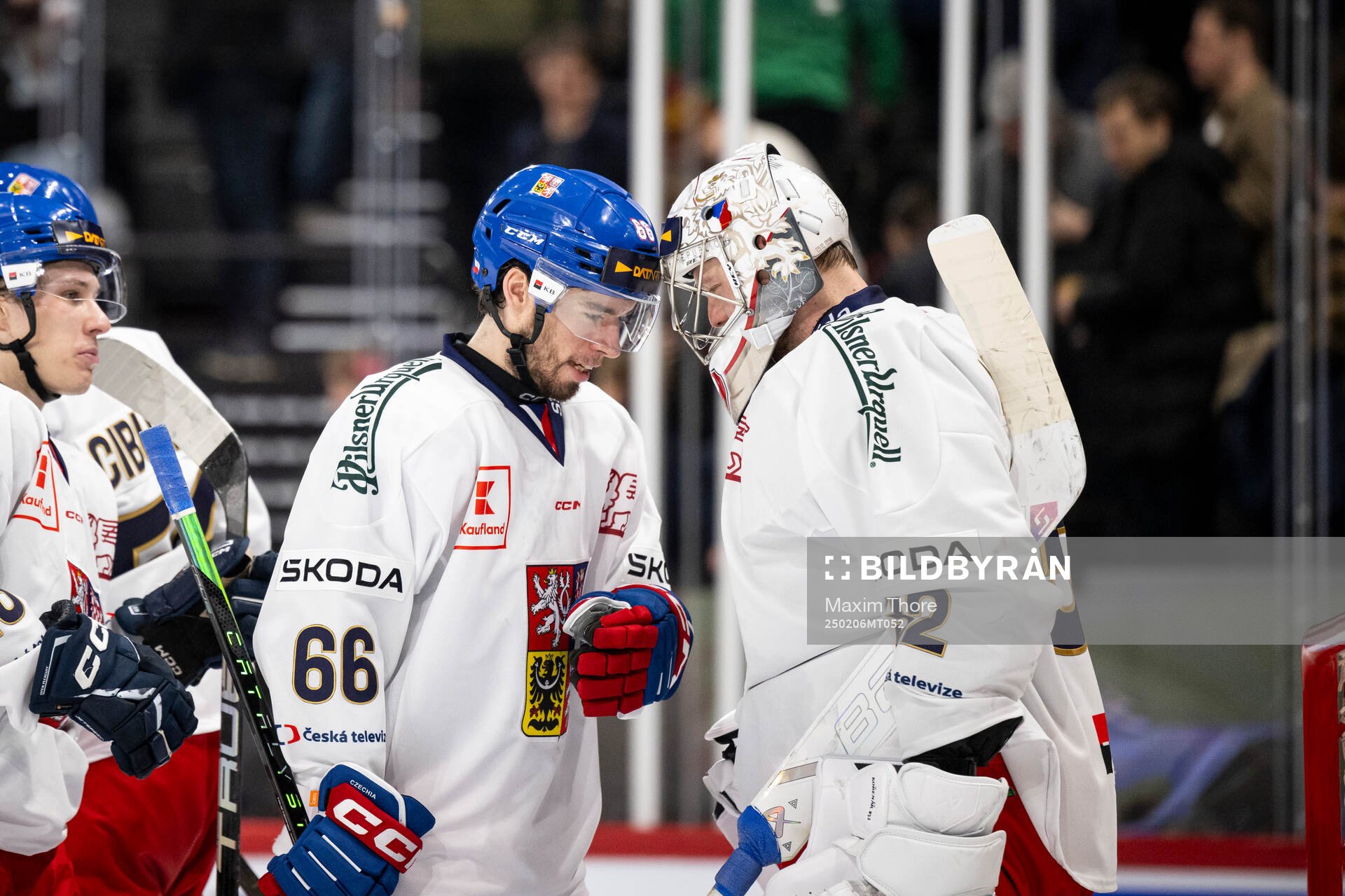 Matyas Filip and goaltender Josef Korenar of Czech Republic