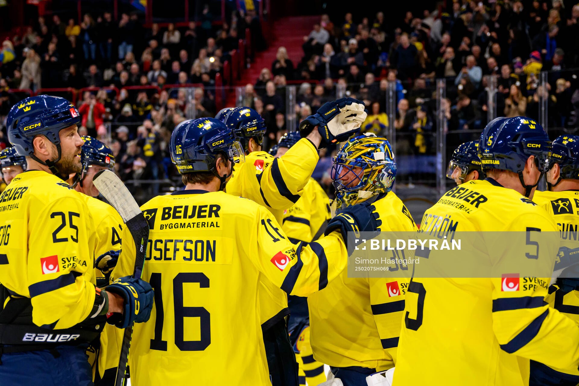 Players of Tre Kronor Legends celebrate with goaltender