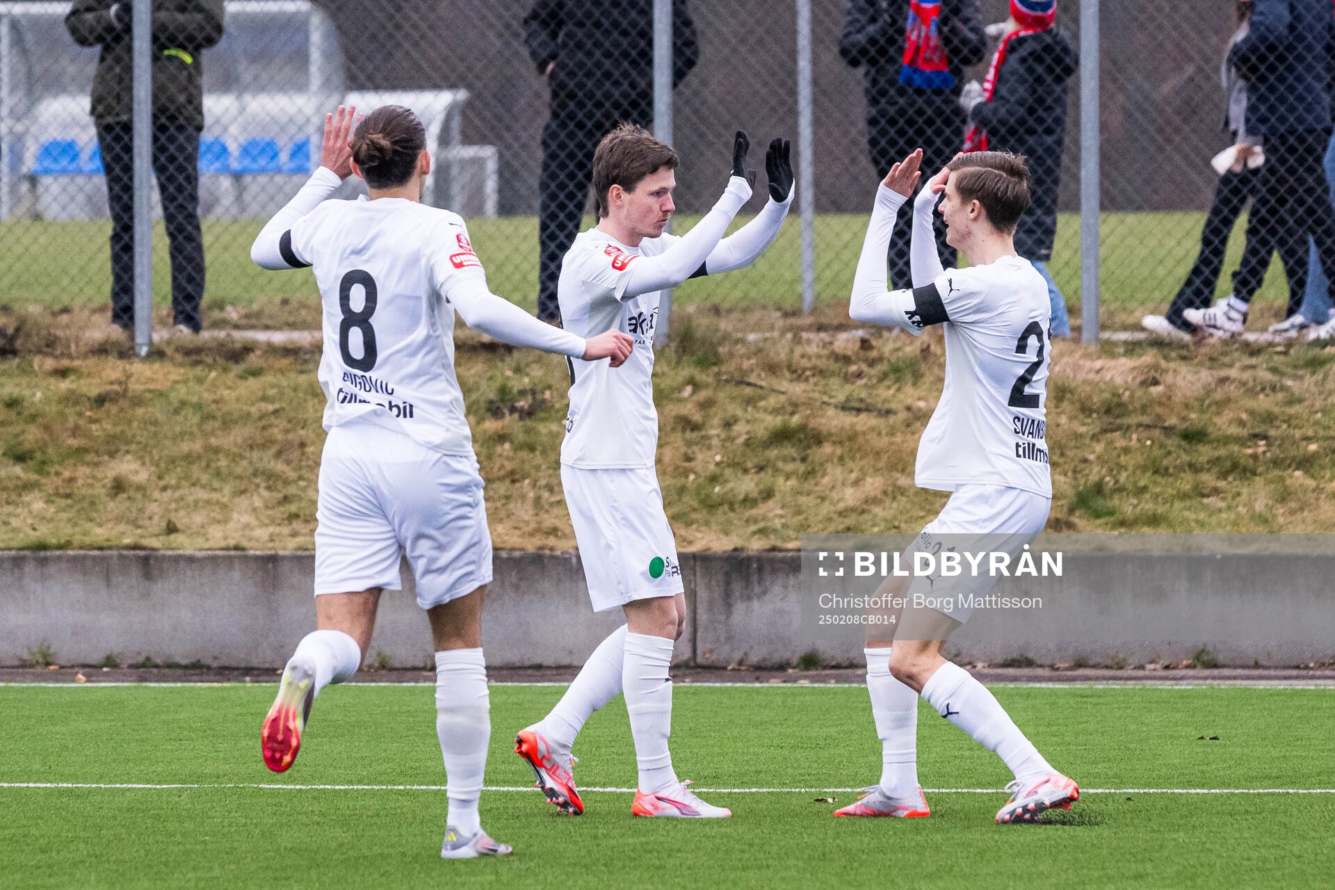 Adrian Svanbäck jublar efter 1-0 under träningsmatchen i fotboll mellan Helsingborg och Örgryte den 8 februari 2025 i Helsingborg.