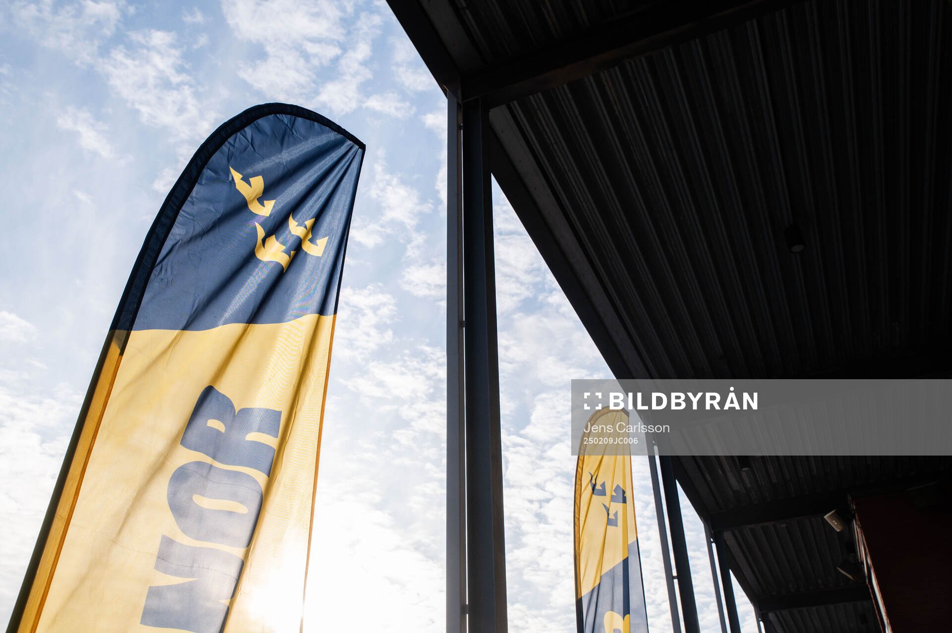 Flags of the Swedish crowns outside Monitor ERP Arena