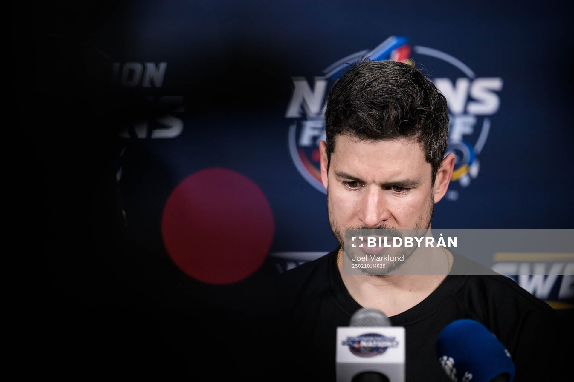 Sidney Crosby of Canada is being interviewed by media