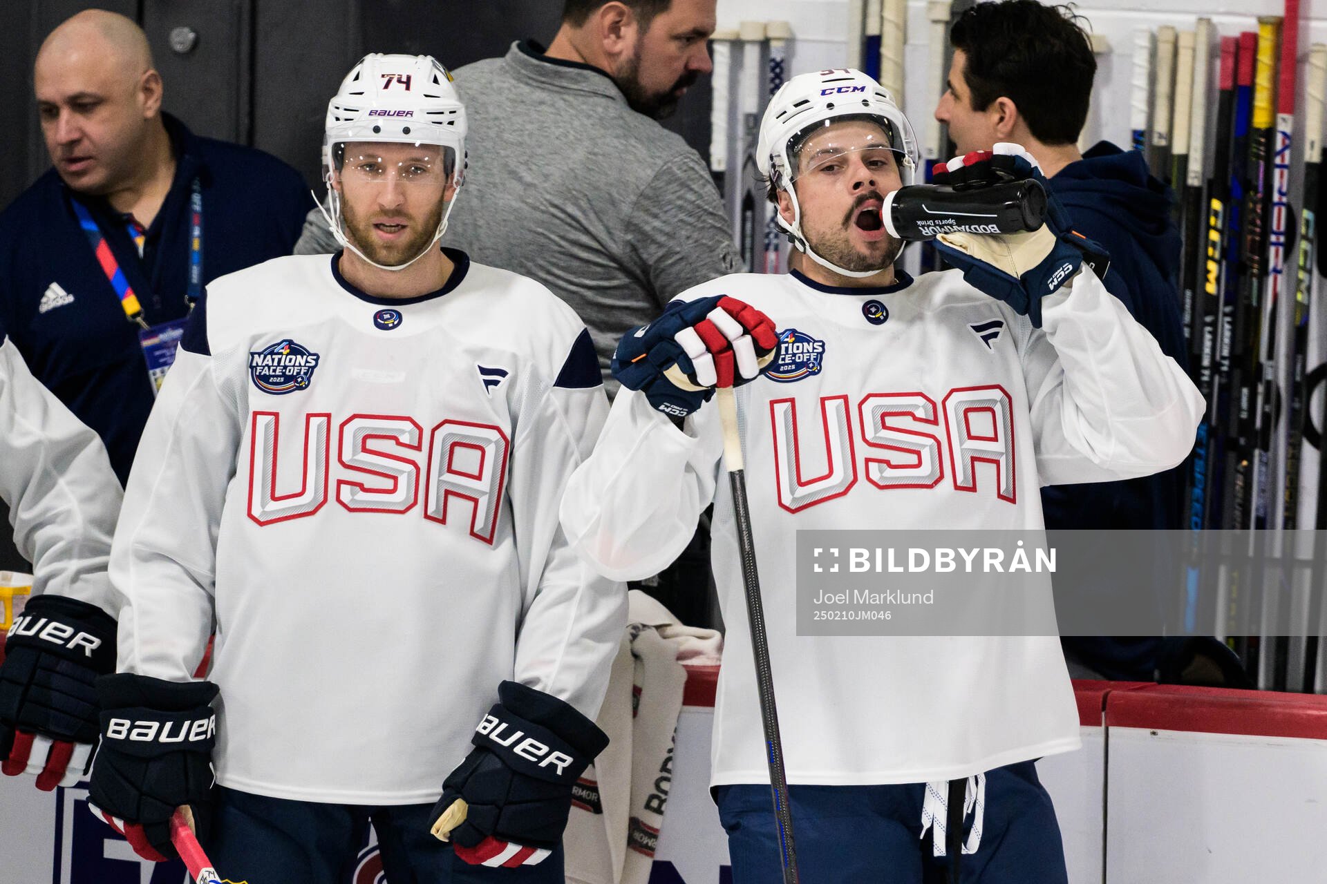 Jaccob Slavin and Auston Matthews of USA at a practice
