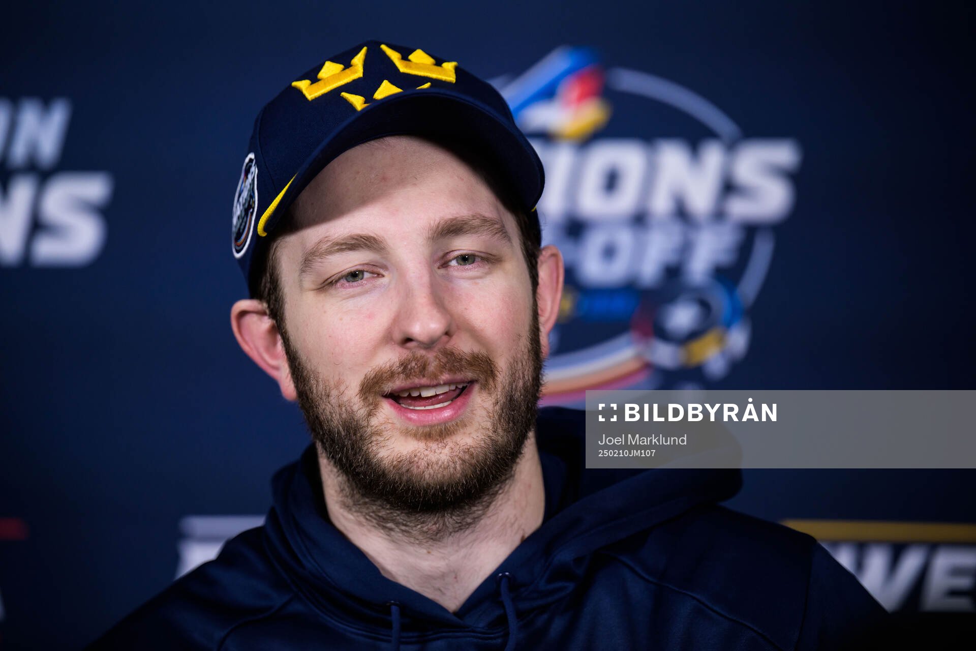 Goalkeeper Linus Ullmark of Sweden being interviewed by