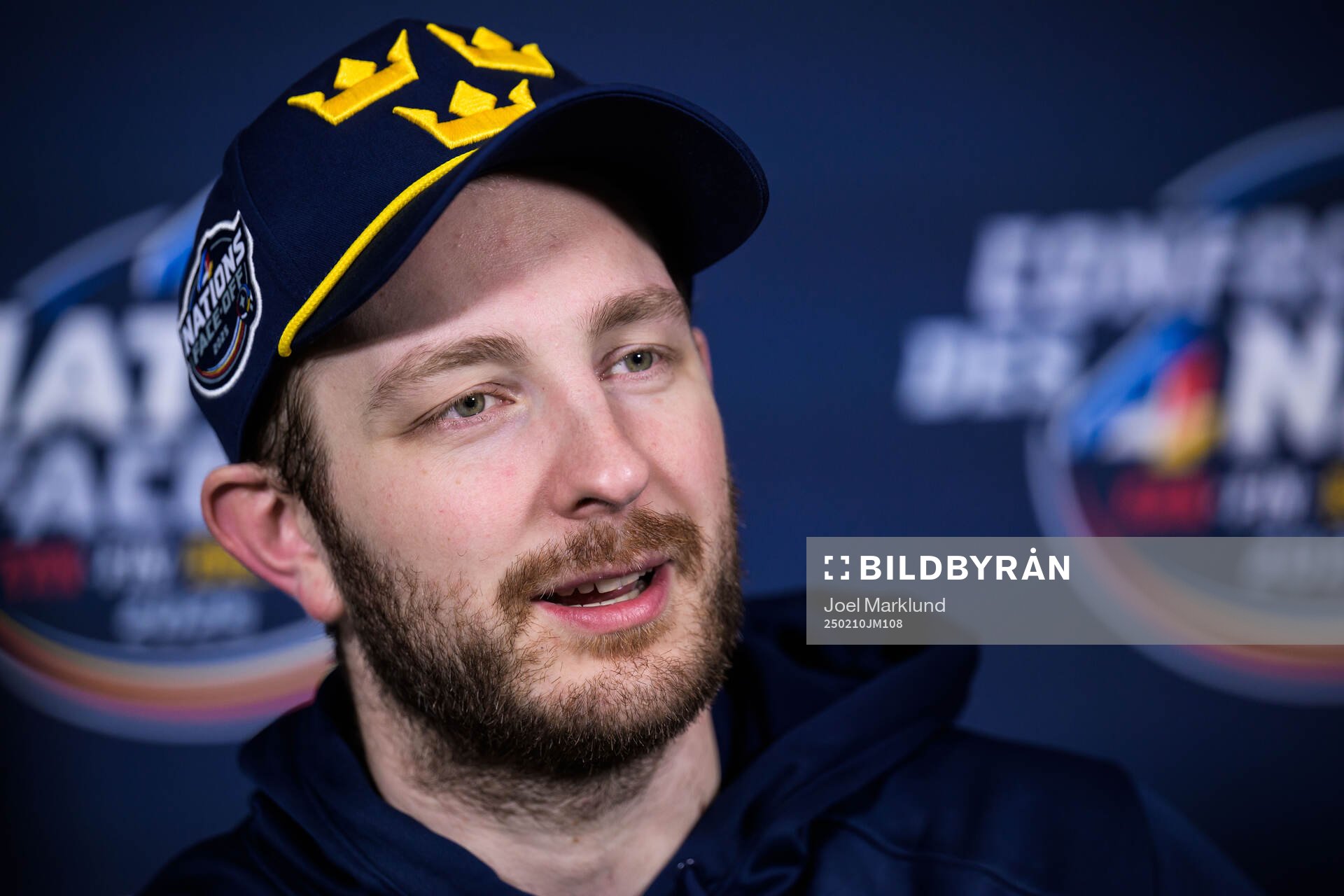 Goalkeeper Linus Ullmark of Sweden being interviewed by