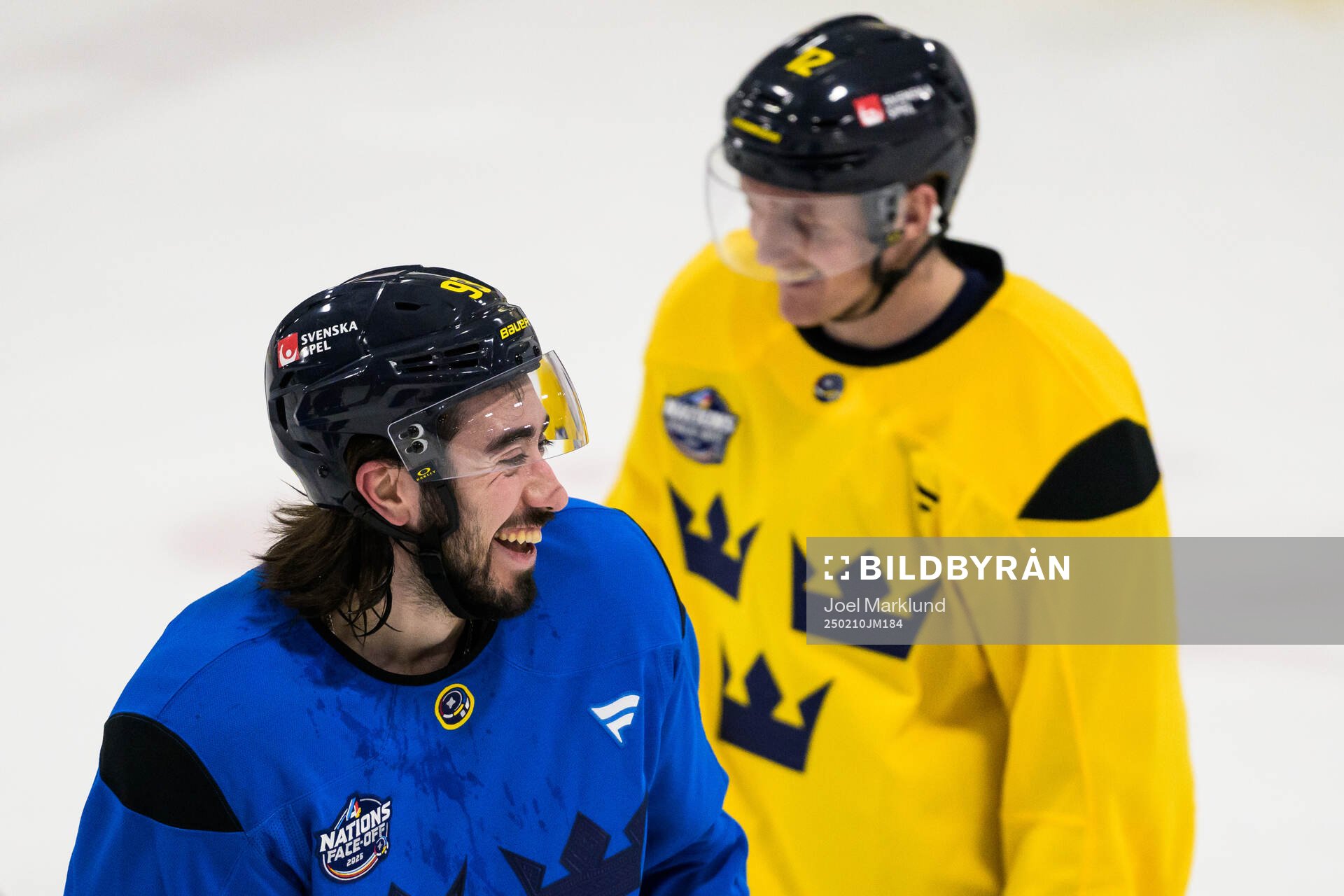 Mika Zibanejad and Gustav Nyquist of Sweden at a practice