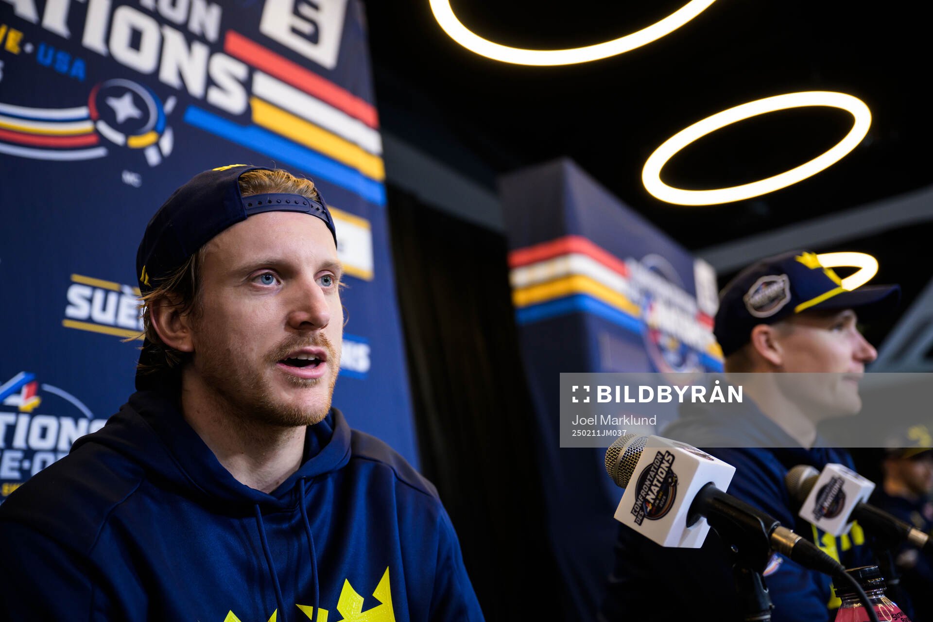 Jonas Brodin of Sweden is being interviewed by media