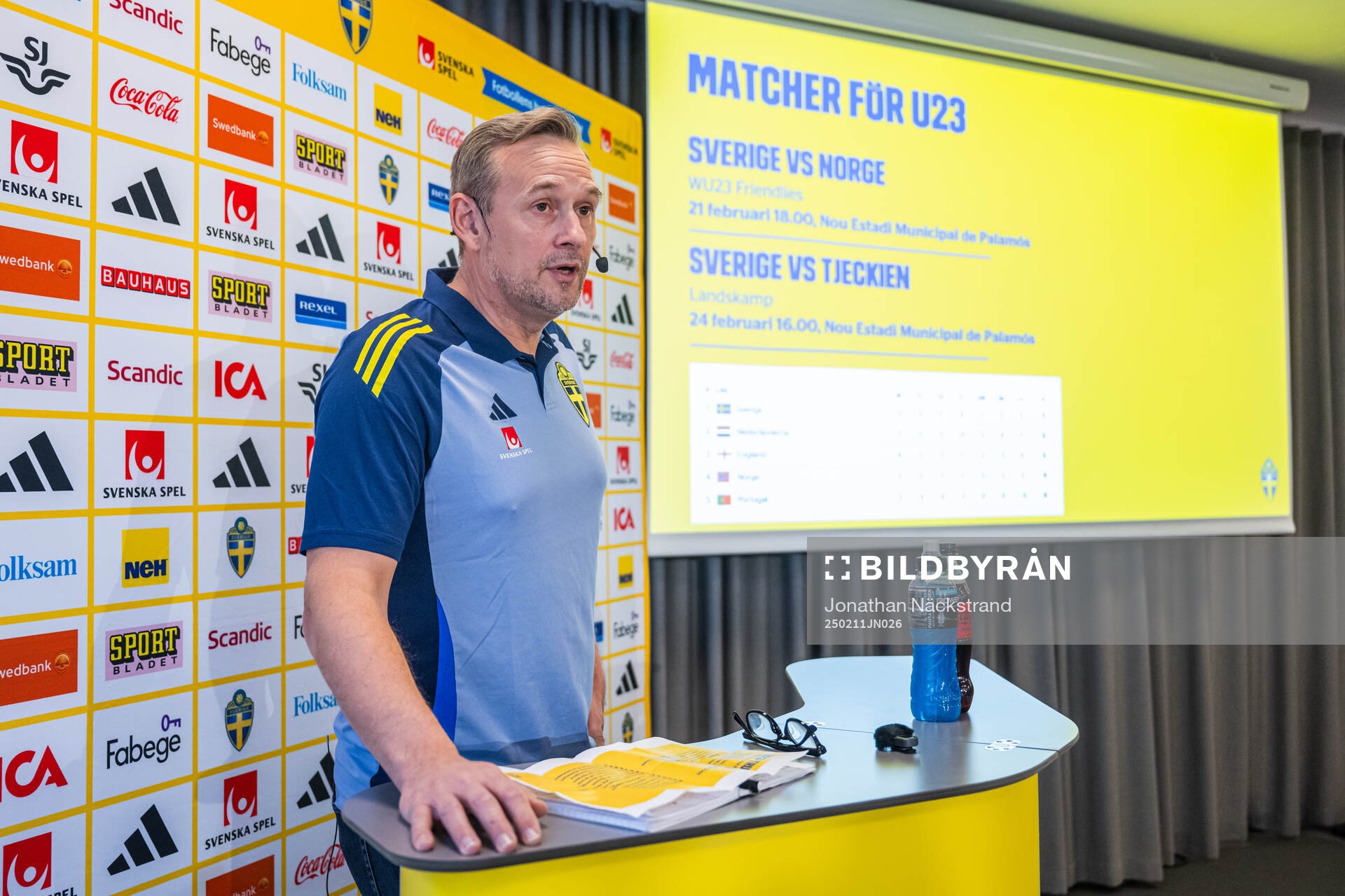 Head coach Martin Qwarmans Möller of the Swedish women's under-23 national football team at a press conference on February 11, 2025 in Stockholm.