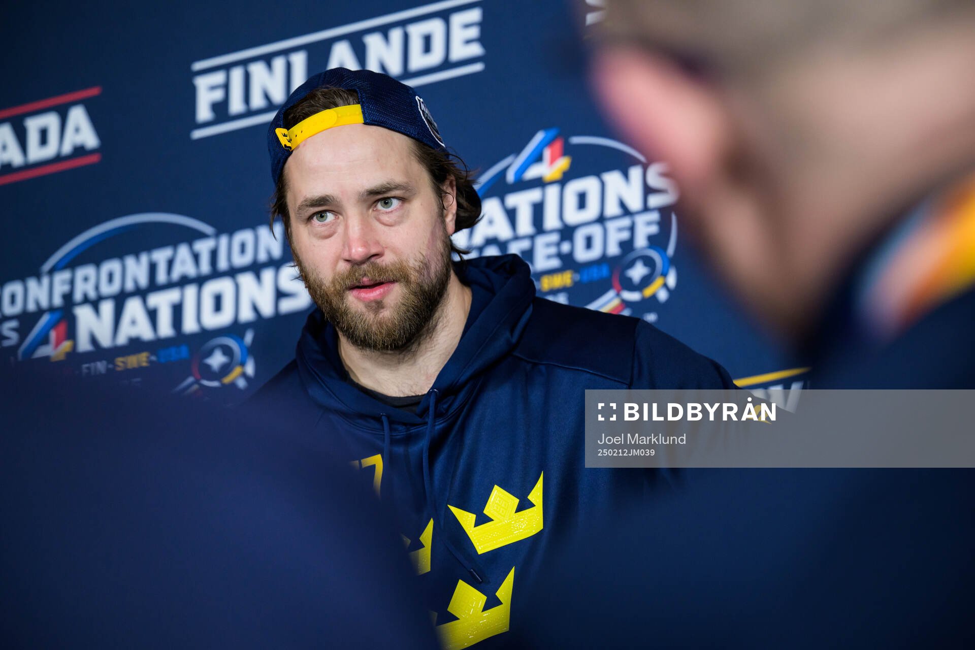 Victor Hedman of Sweden is being interviewed by media