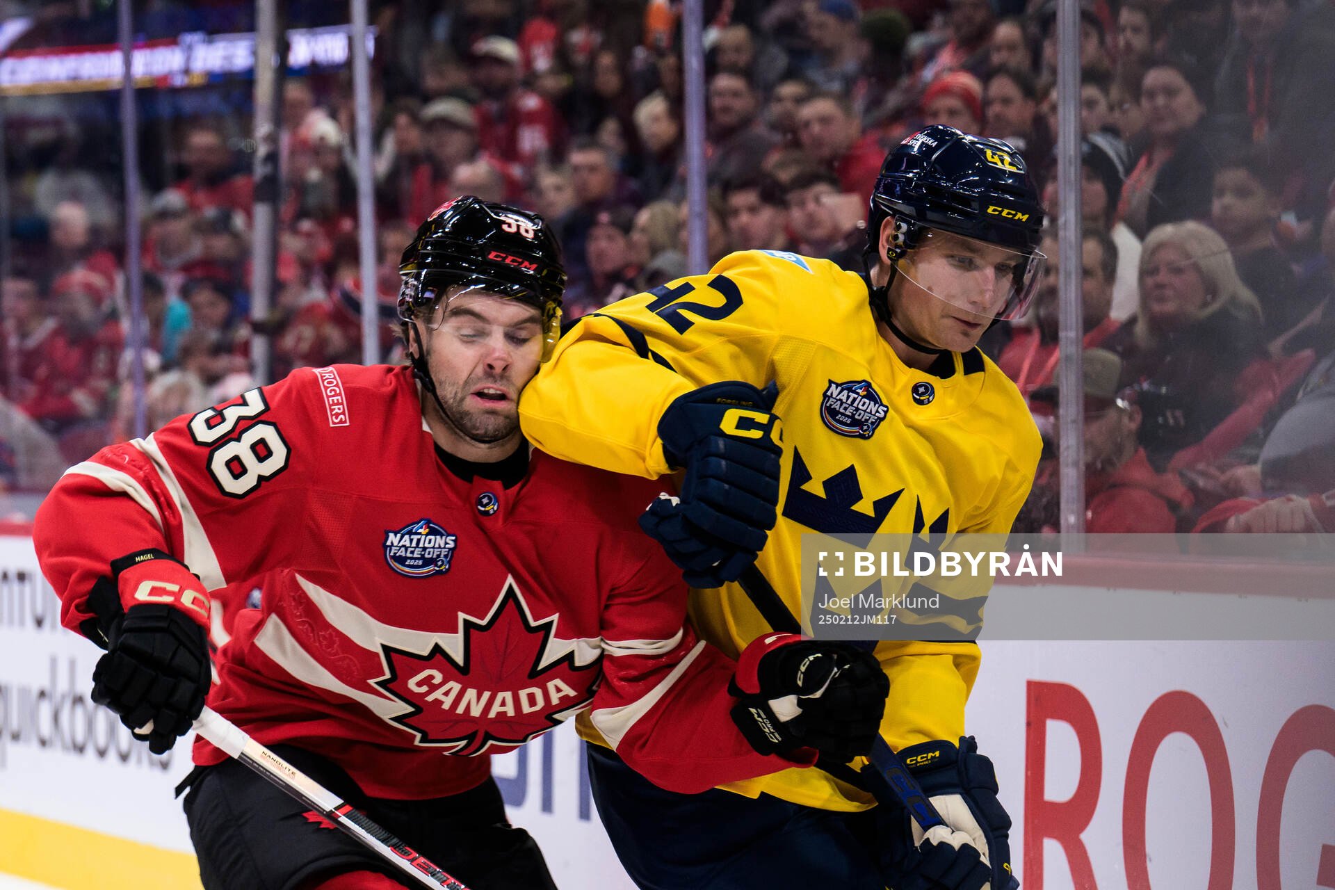 Brandon Hagel of Canada and Gustav Forsling of Sweden