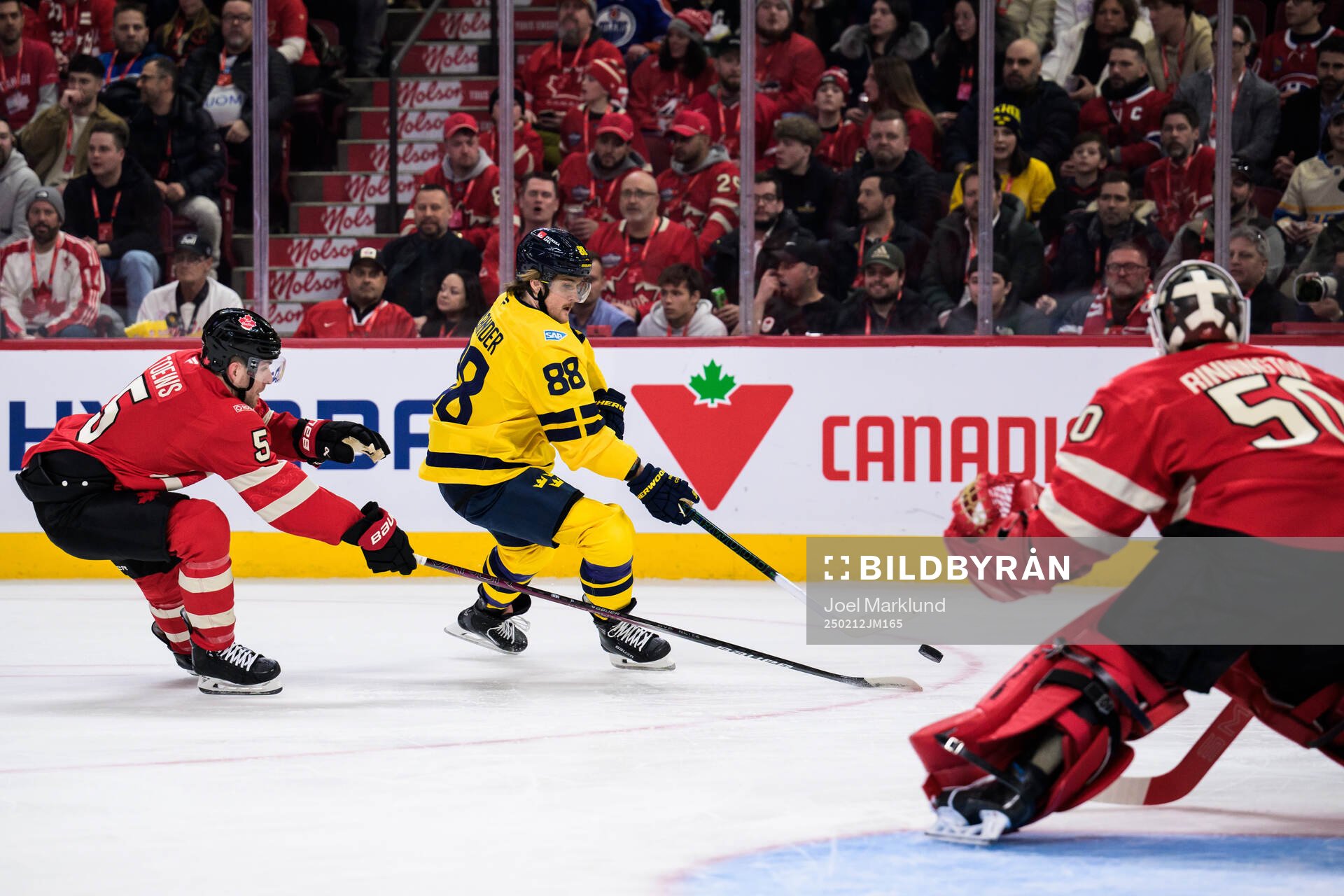 Devon Toews of Canada and William Nylander of Sweden