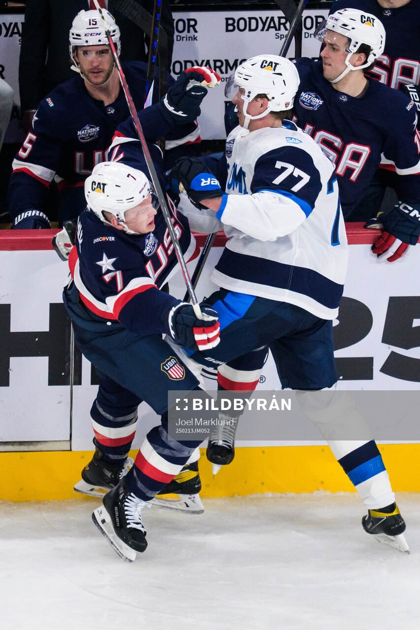 Brady Tkachuk of USA and Niko Mikkola of Finland
