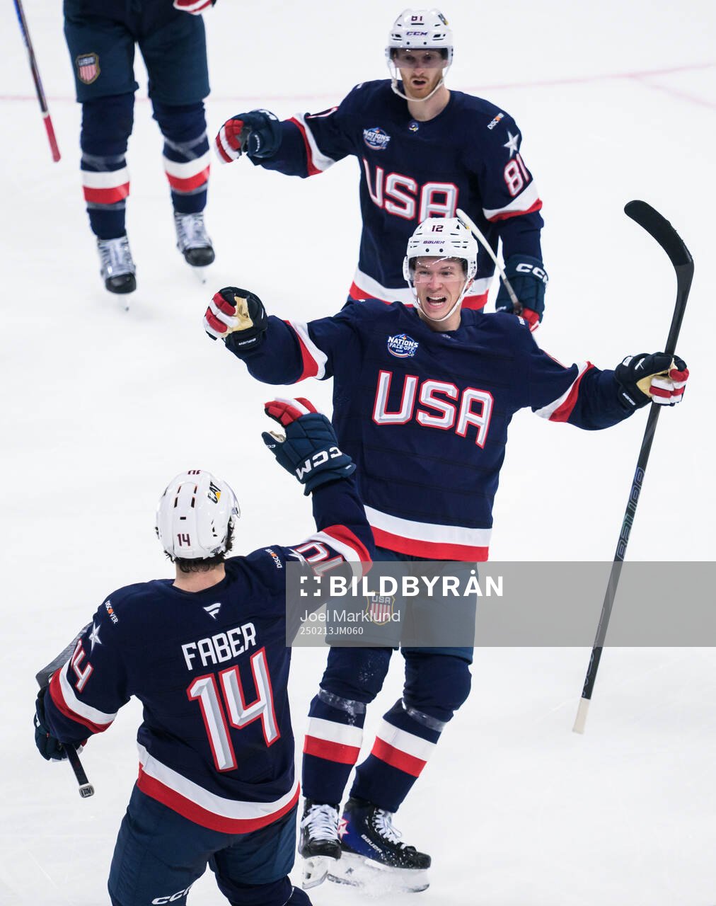 Brock Faber, Matt Boldy and Kyle Connor of USA celebrate