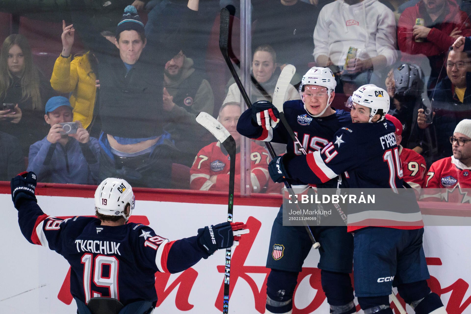 Matthew Tkachuk, Brady Tkachuk and Brock Faber of USA