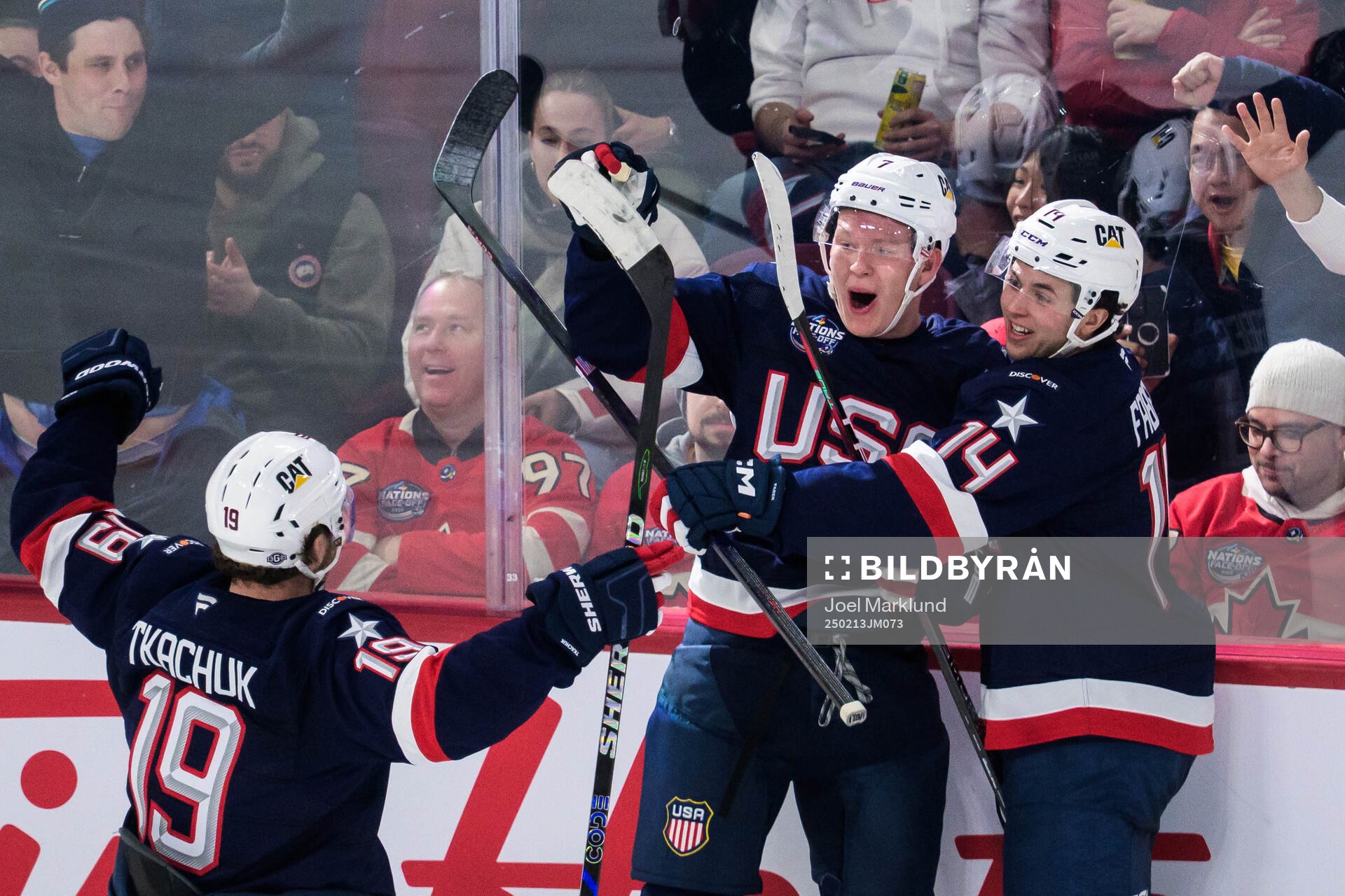 Matthew Tkachuk, Brady Tkachuk and Brock Faber of USA