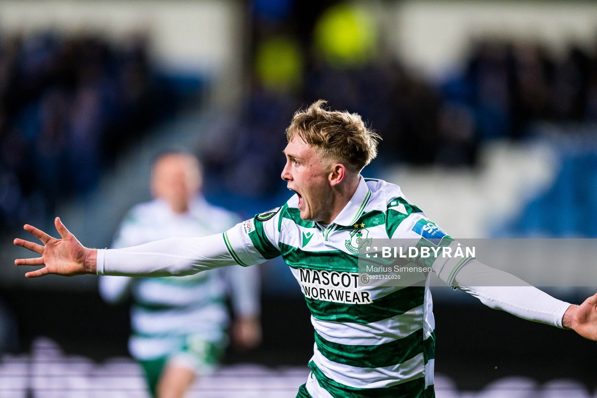 Michael Noonan of Shamrock Rovers celebrates after scoring the 0-1 goal during the UEFA Europa Conference League play-off match between Molde and Shamrock Rovers on February 13, 2025 in Molde.