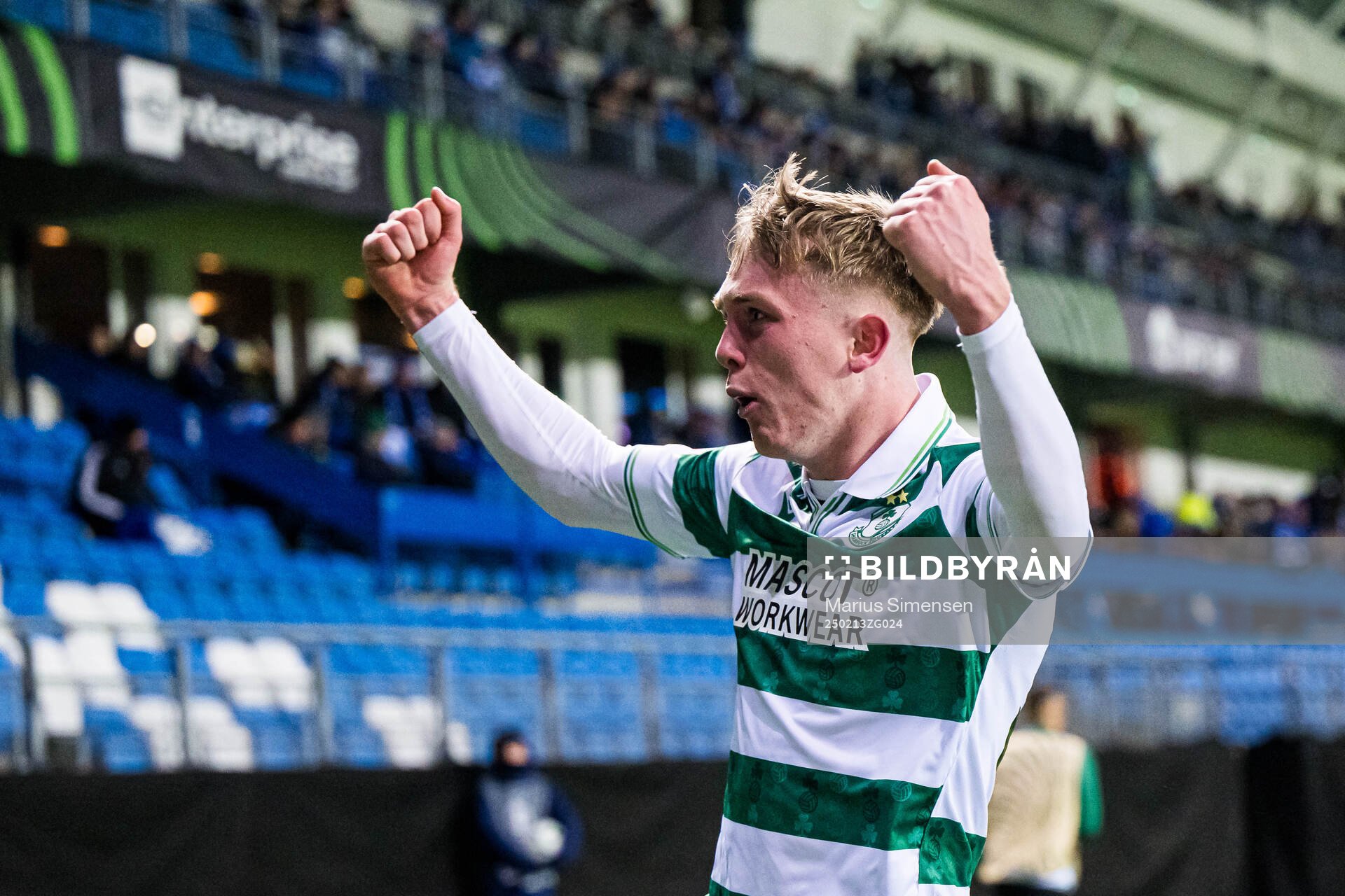 Michael Noonan of Shamrock Rovers celebrates after scoring the 0-1 goal during the UEFA Europa Conference League play-off match between Molde and Shamrock Rovers on February 13, 2025 in Molde.