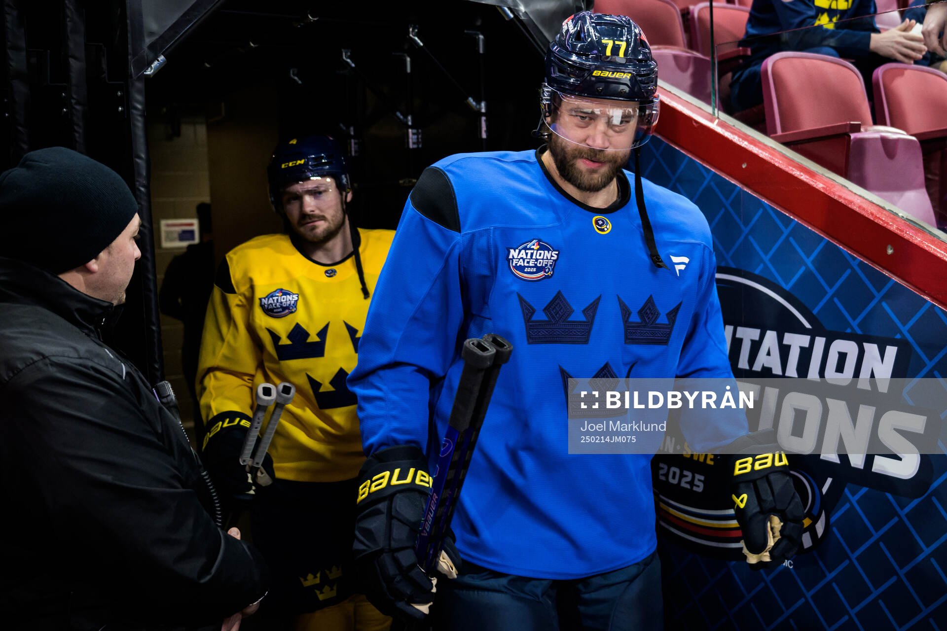 Rasmus Andersson and Victor Hedman of Sweden at a practice