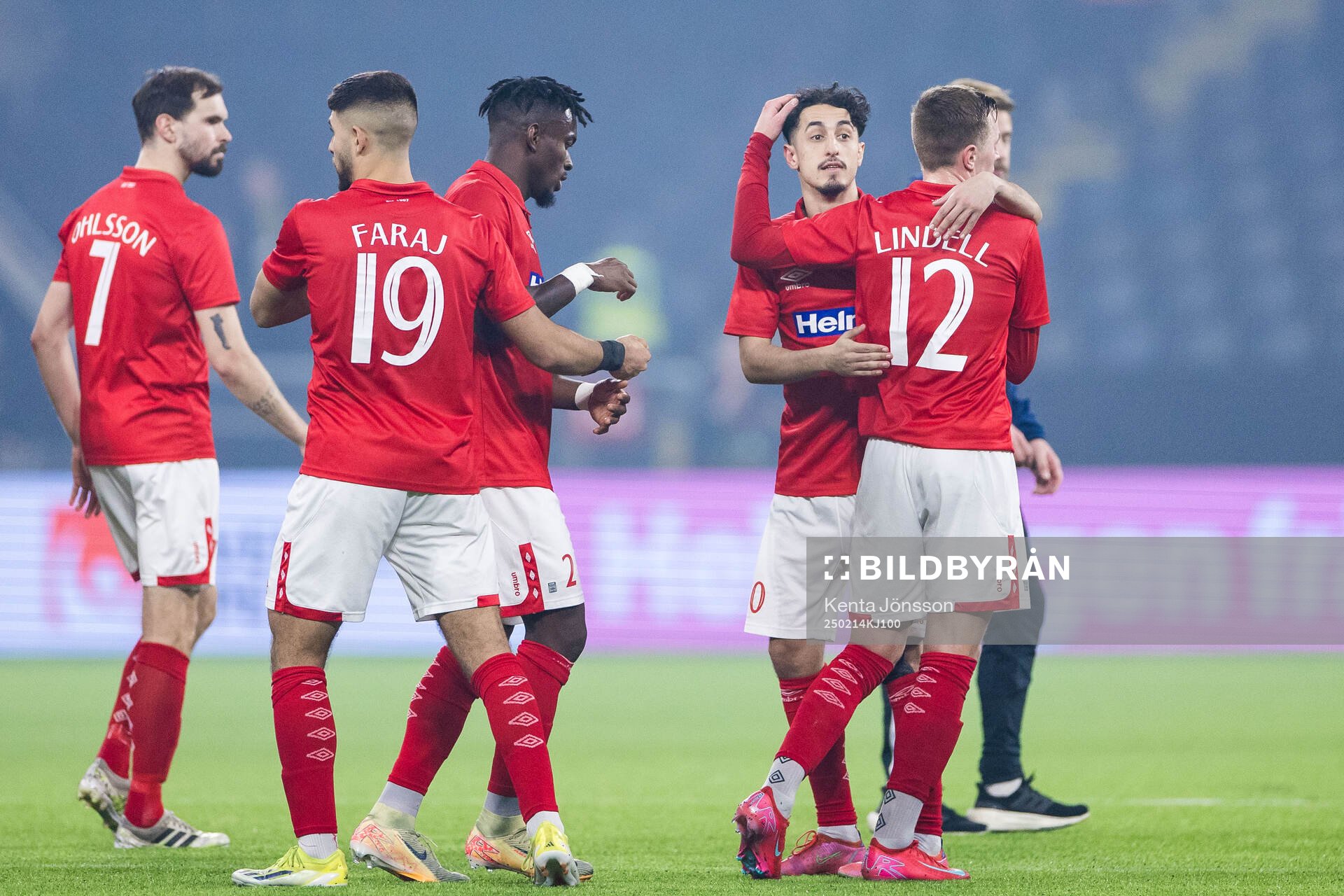 Degerfors Omar Faraj, Elias Barsoum och Erik Lindell jublar