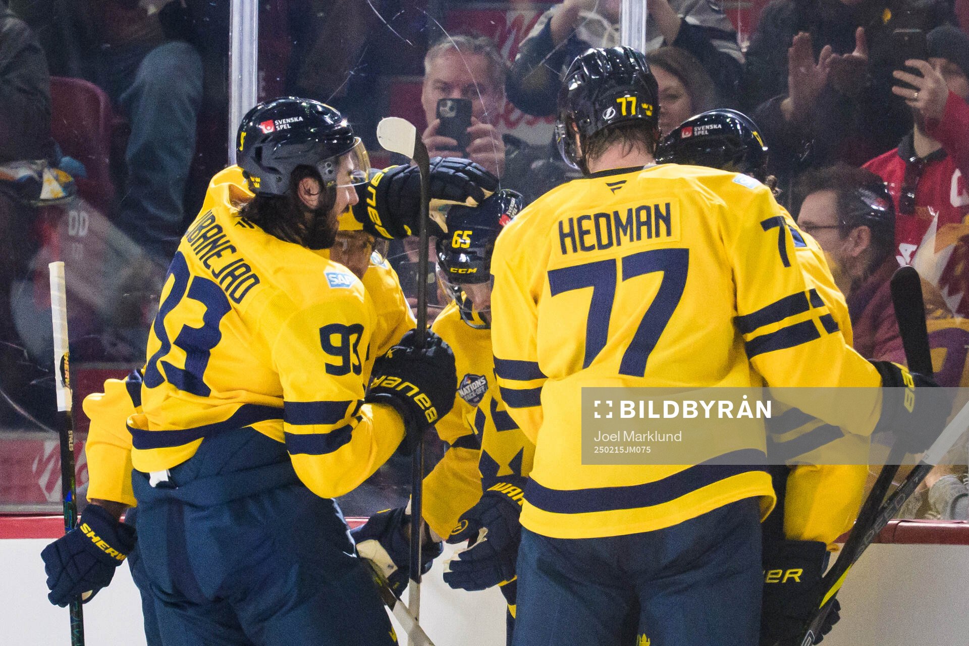 Erik Karlsson of Sweden celebrates with teammates