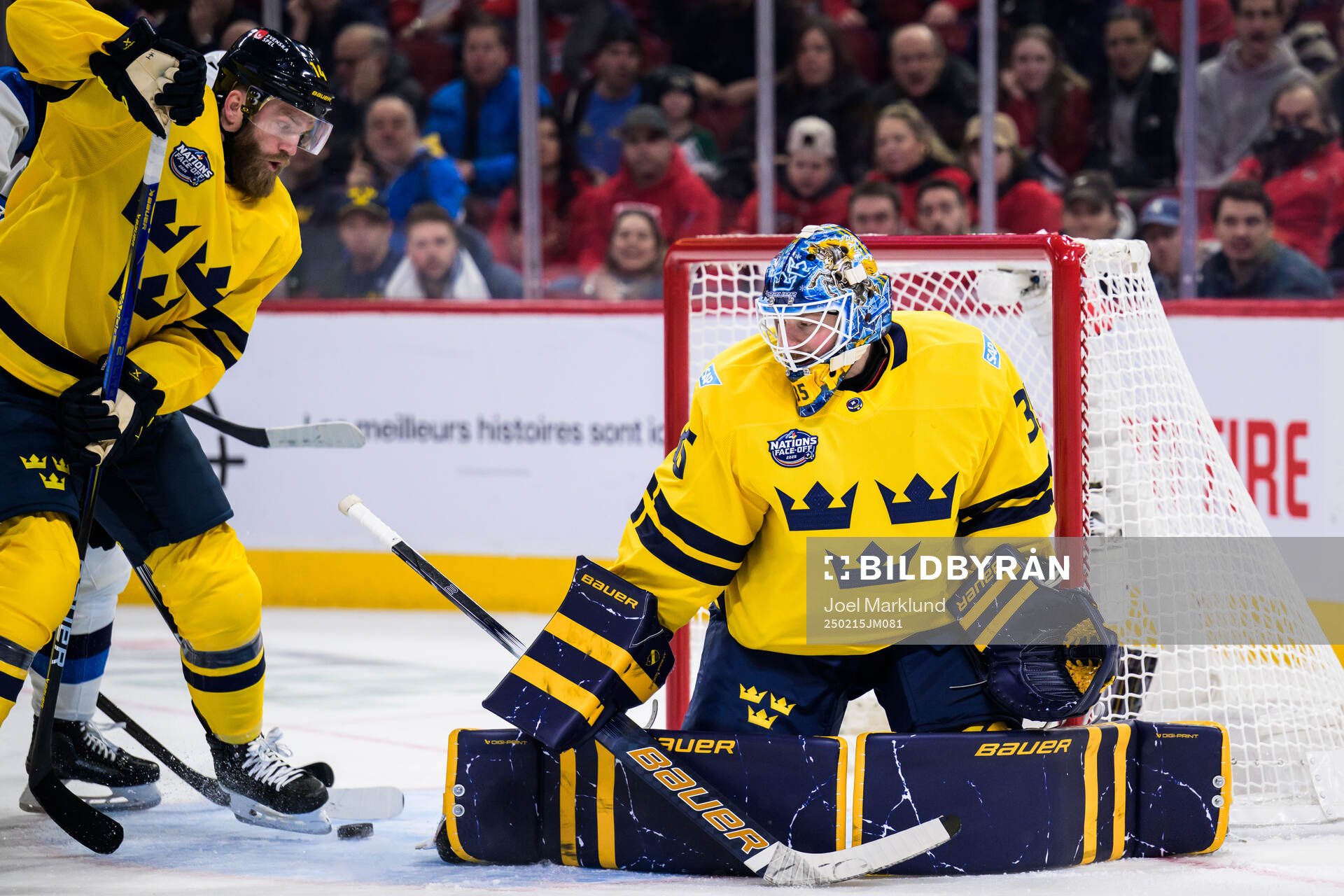 Goaltender Linus Ullmark of Sweden lets in the 3-3 goal