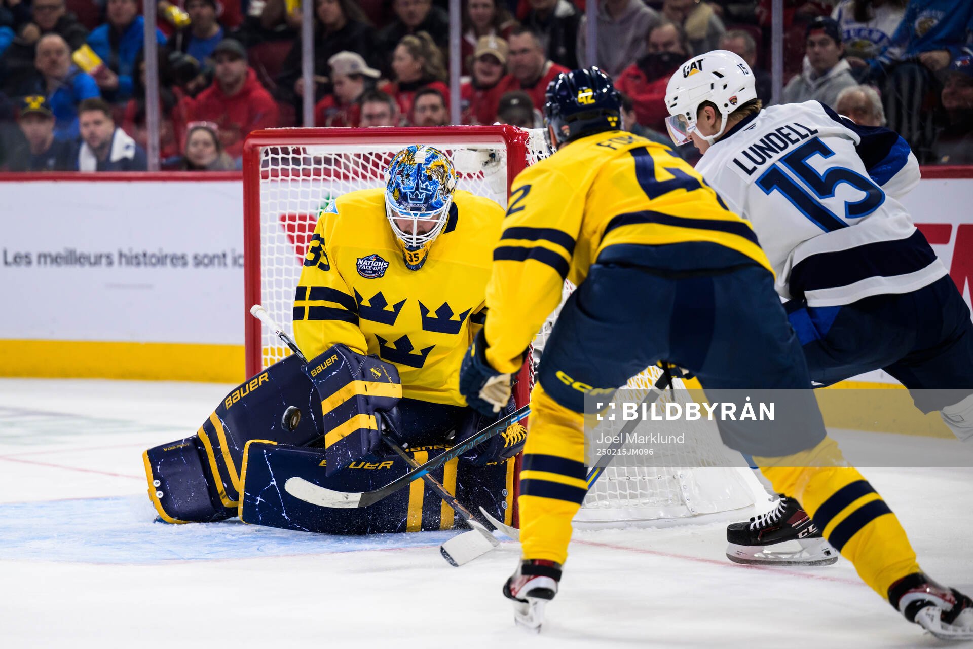 Goaltender Linus Ullmark and Gustav Forsling of Sweden are