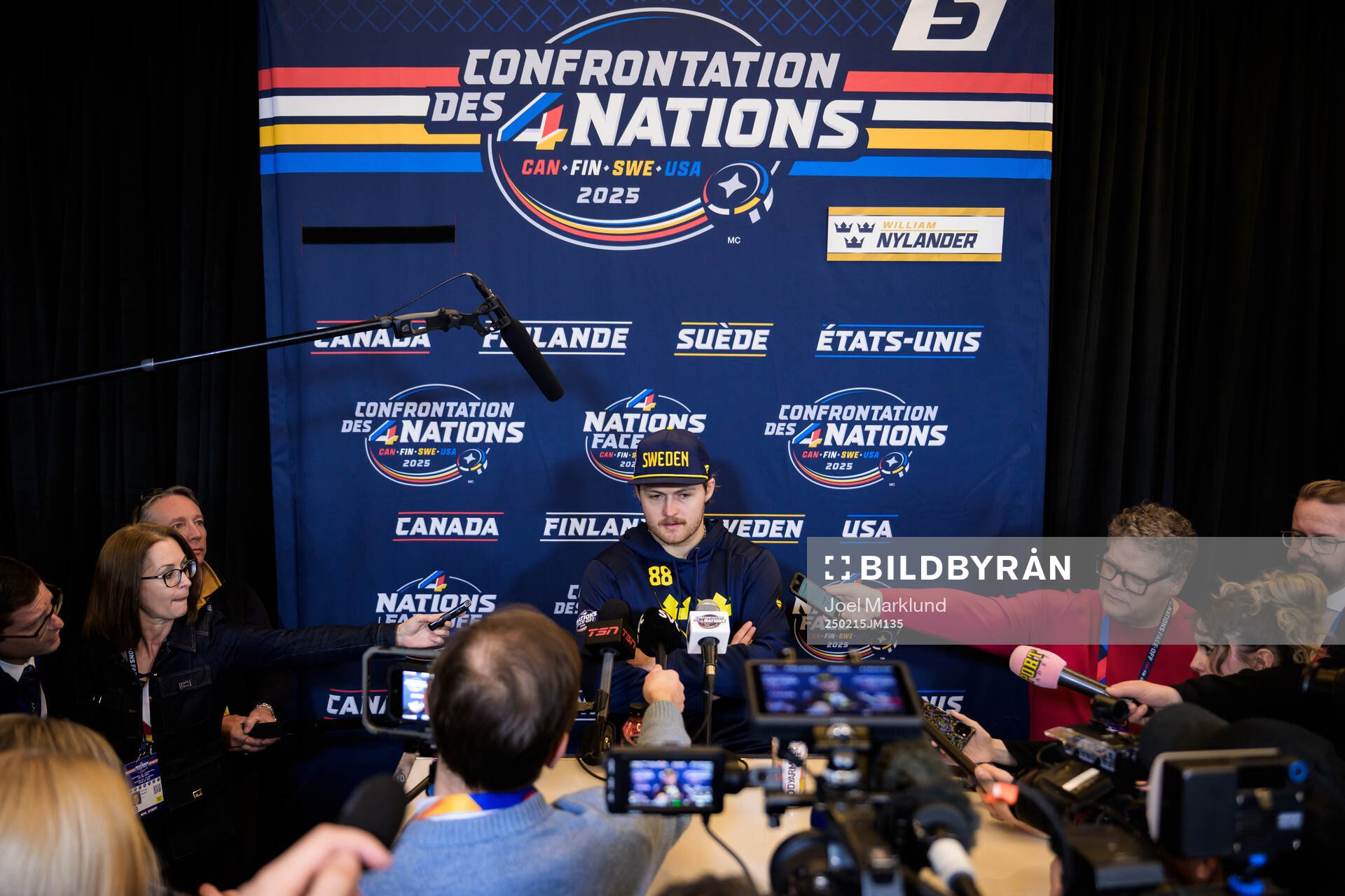 William Nylander of Sweden talks to media