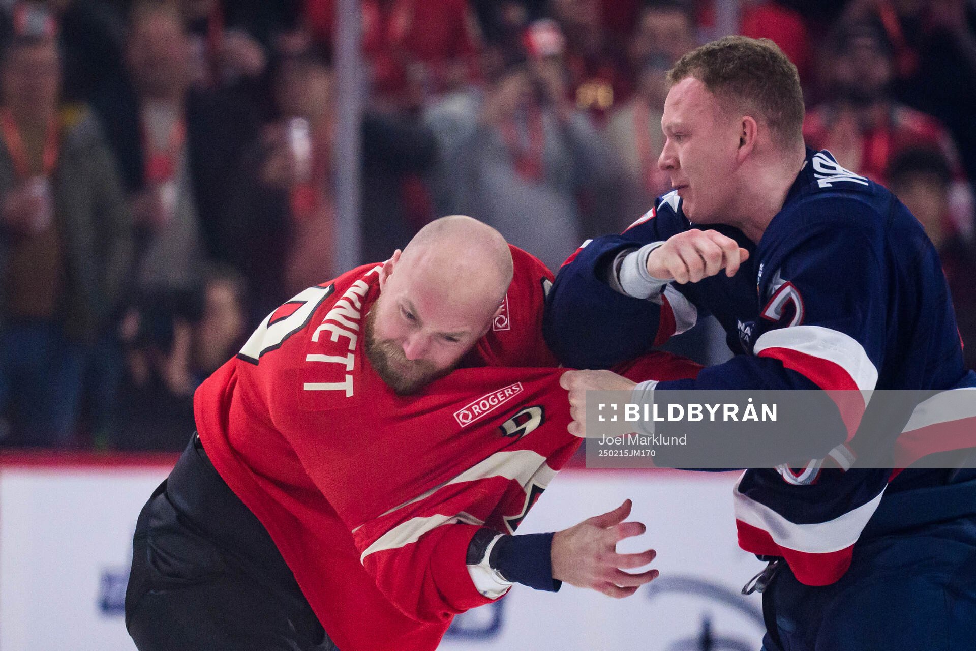 Sam Bennett of Canada and Brady Tkachuk of USA fight